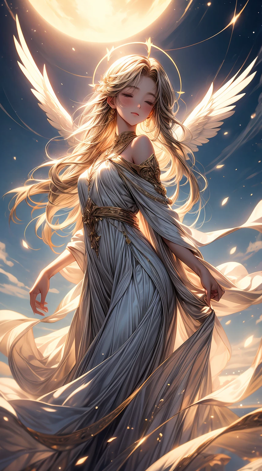 an angel in heaven, ethereal light, golden halo, delicate wings, serene expression, floating gracefully, heavenly glow, radiant beauty, soft and pure, celestial atmosphere, divine presence, wisps of clouds, peaceful and harmonious, tranquil colors, heavenly chorus, shimmering aura, celestial beings, otherworldly landscape, vast expanse, boundless skies, angelic grace, infinite peace and serenity, eternal bliss