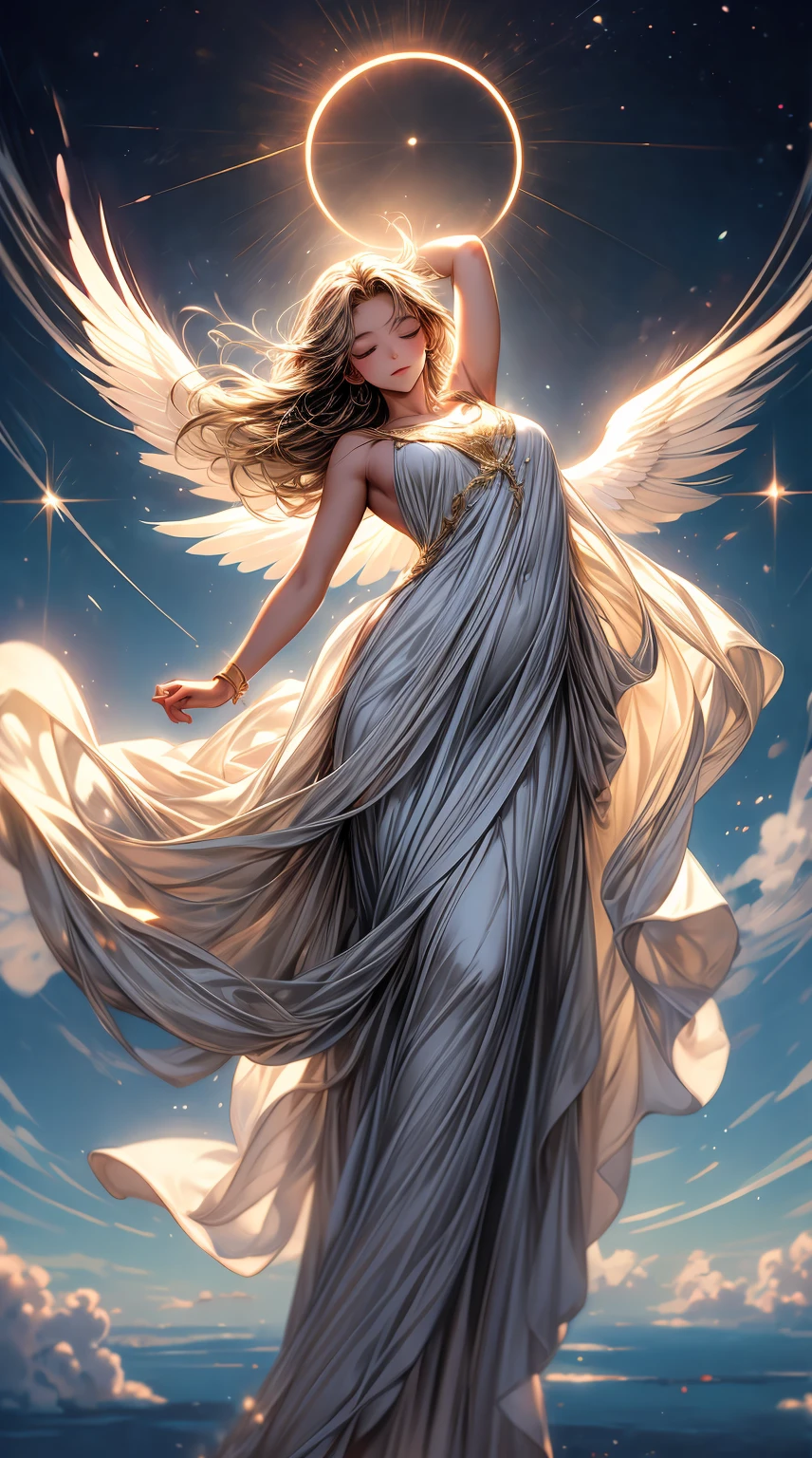 an angel in heaven, ethereal light, golden halo, delicate wings, serene expression, floating gracefully, heavenly glow, radiant beauty, soft and pure, celestial atmosphere, divine presence, wisps of clouds, peaceful and harmonious, tranquil colors, heavenly chorus, shimmering aura, celestial beings, otherworldly landscape, vast expanse, boundless skies, angelic grace, infinite peace and serenity, eternal bliss
