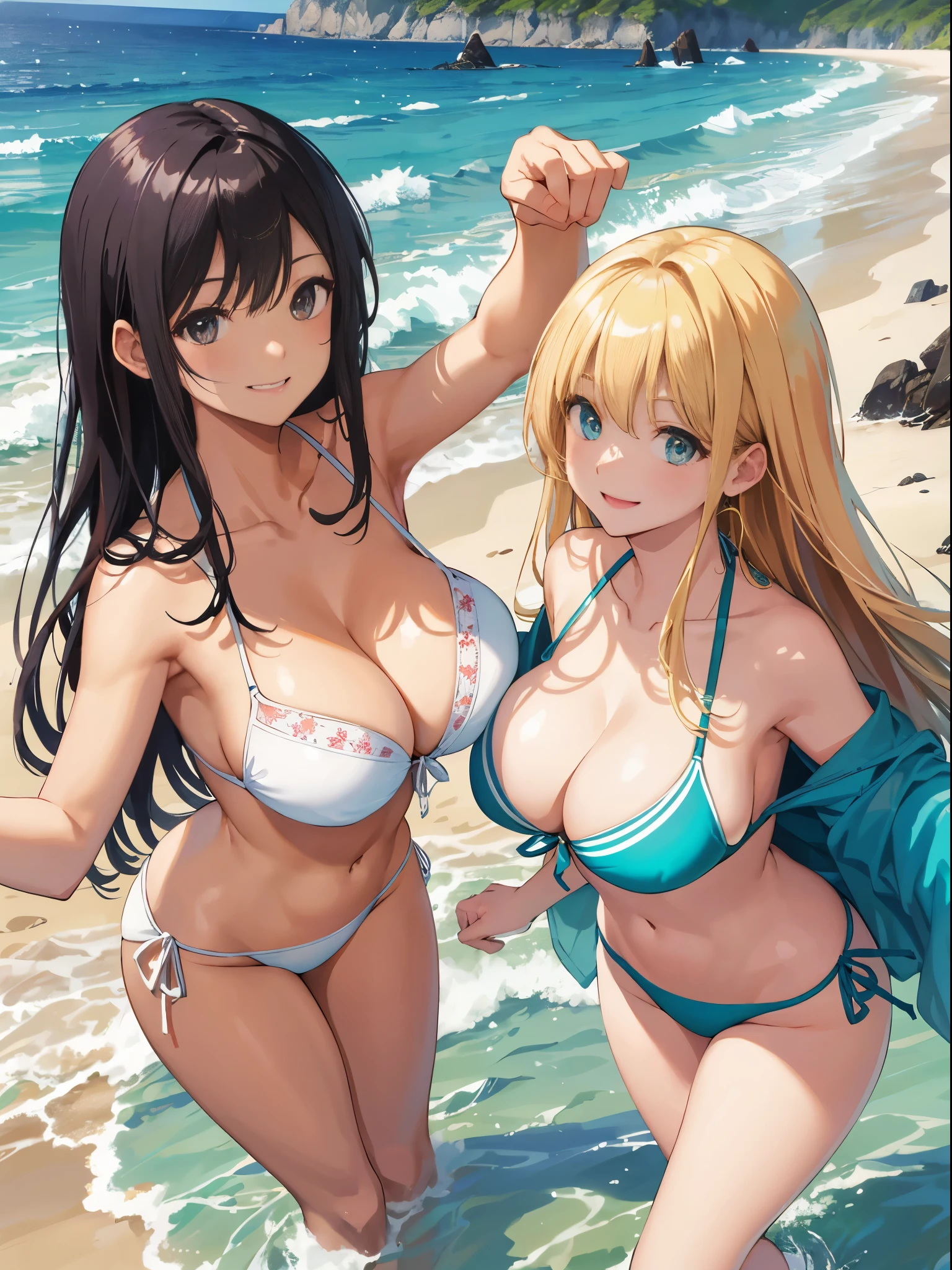 masterpiece、top-quality、detaile、hight resolution、extremely delicate and beautiful、beutiful breast、Smile、multiple female、5 women、4 females、The bikini、pareo、Colossal tits、sea side