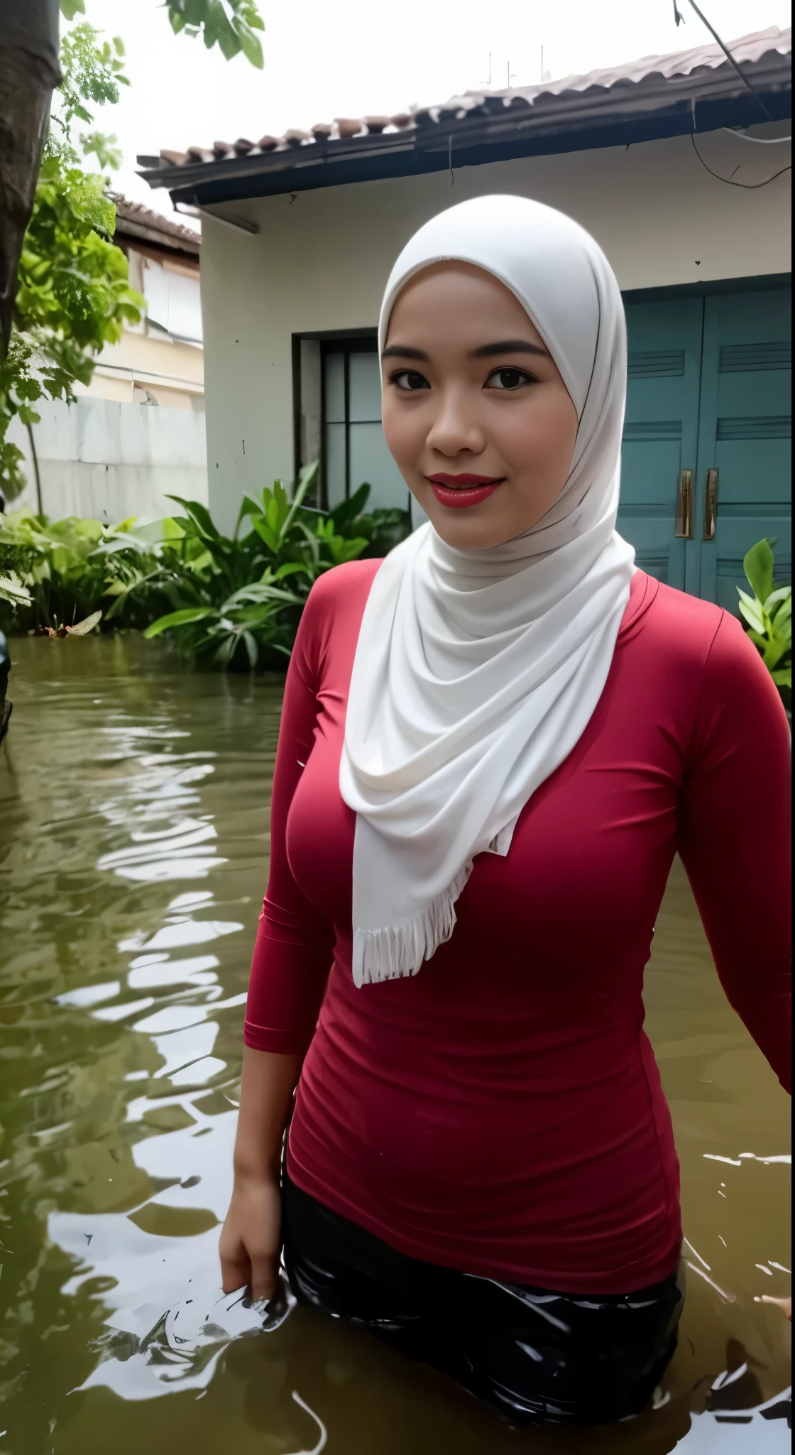 gravure, from the chest up, masutepiece, Best Quality, Ultra-detailed, Photorealistic, super detailed skin, Perfect Anatomy, (1 Malaysian), (Solo), 84 years old, Large breasts, Malaysian Hijab actress, satin red hijab, glamor, A sexy, Chromo-white skin, Looking at Viewer, Being in a flooded village, High flood water at the central level, Flooding chest level, VERY DEEP FLOODING, The flood outside the house is very high, Thick pubic hair & smile, The flood rose up to shoulder level.