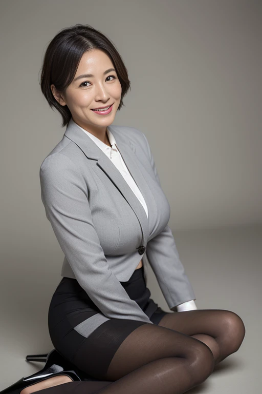 Best Quality, hight resolution, Hires, Skin definition, Detailed skin, Detailed eyes, Detailed face, 4K, 日本人A MILF, ((独奏)), (((50 years old))), (Wrinkles at the corners of the eyes:1.6), (nasolabial folds:1.6), A MILF, glamor, A sexy, Chromo-white skin, ((Wavy Shorthair)), Looking at Viewer,(((Aging skin:0.9))), ((loose muscles:0.9)), (((Very large breasts:1.28))), (((Very large breasts:1.28))), ((Saggy udder)), (Saggy buttocks), ((Japanese Models)), 4K, (photoRealistic:1.5), Realistic, nffsw, Beautiful, Bimbo, Perfect makeup, eye make up:1.5, small diamond necklace, piercings, (((Gray business suit, white undershirt, pantyhose, tight skirts, high-heels))), ssmile, Public places,Full body photo,
