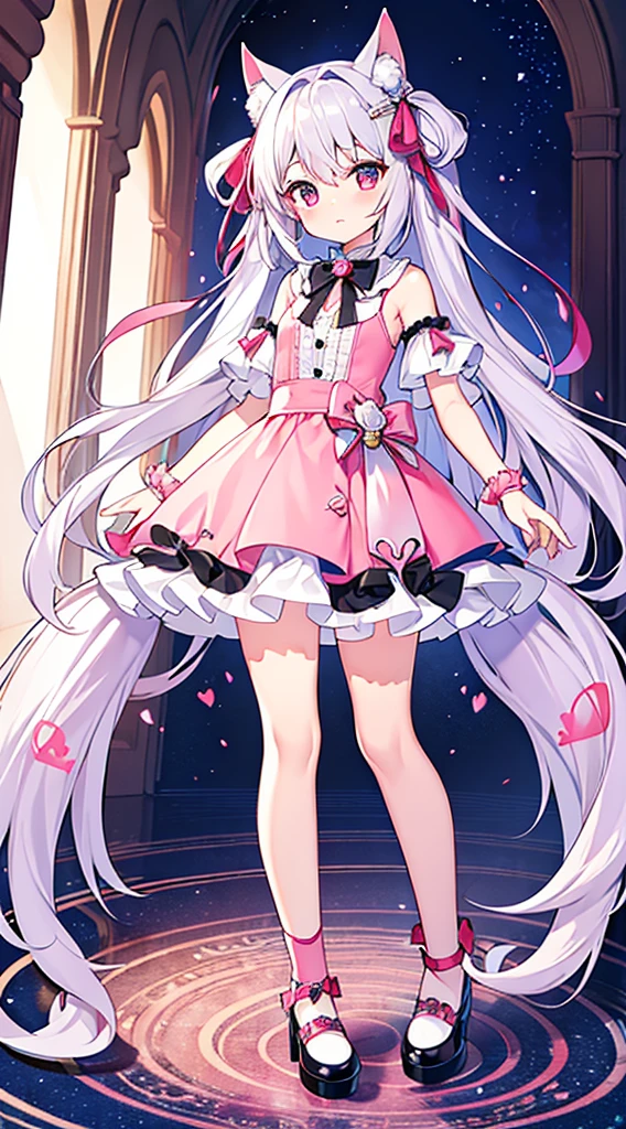 (tmasterpiece)、(quality)、(ultra - detailed)、(独奏)、Beautiful girl of ************、small、middling，shoulder、to emphasize、Thighs exposed、Long white hair，shoulder、White super short ****ta，bare-legged，Look at the camera shyly，Grab the hem of the skirt，lifted up，(Clear liquid flows from thigh to calf)，fully body photo，(in pink)