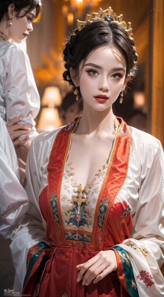 portrait of a beautiful 20 year old holy woman, wearing a thin multicolored silk dress, beautiful face without blemishes, ((natural smile:0.3)), Mouth closed, ((7-color hair length:1.2)), big crown, hair brooch, hanfu dress, chinese ancient style, full body jewelry, forehead tattoo, super even chest, face, red lips, delicate pink and white eyes (white and detailed) cinematic, light and dark, dramatic lighting, magical light, extremely detailed light, true color, super sharp, realistic, 8k quality, fantasy universe background, saints and magical space, the most detailed images, Exhibition photo, awarded, Eye-catching bright tone effect,