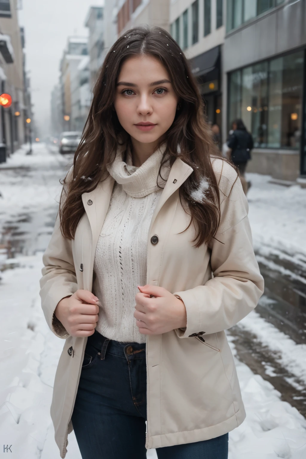 Professional portrait photo of gorgeous Norwegian girl in winter clothes with long wavy blonde hair, sultry flirtatious look, Gorgeous symmetrical face, Cute natural makeup, wearing elegant warm winter fashion clothing, ((Standing outside on a snowy city street)), Stunning modern urban environment, ultra realistis, Concept art, elegant, Highly detailed, Intricate, sharp-focus, Depth of field, f/1. 8, 85mm, medium plan, middle shot, (((professional colour grading))), Bright soft diffused light, (volumetric fog), trending on instagram, HDR 4K, 8K