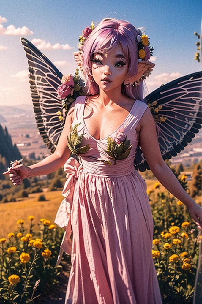 smooth, 8k quality, high quality, masterpiece, ray tracing, sunlight, beautiful, y2k magazine style photography, whimsical fairy with delicate wings and purple hair, pink skin, four eyes, creature-222, vogue