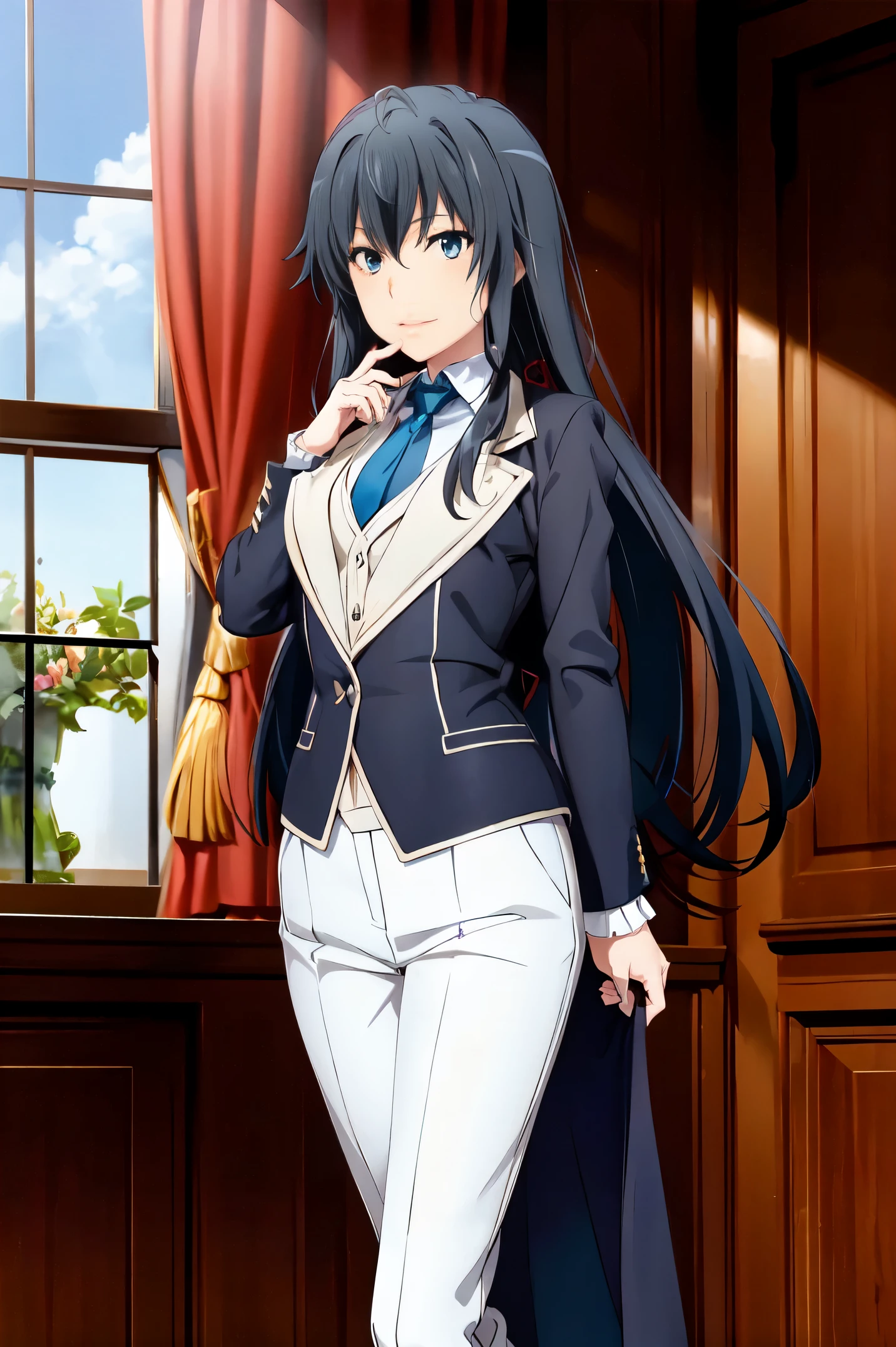 Yukinoshita yukino ,woman in formal attractive tailcoat standing in a large alcove in the room , 1girl, solo, blue necktie, black hair, blue eyes, long hair, smile , collared shirt, white pants, white shirt , tailored tailcoat elegant , standing in front of a window ,tailcoat tailored to elegant . Featuring striking Victorian theme and crafted from the lustrous fabric