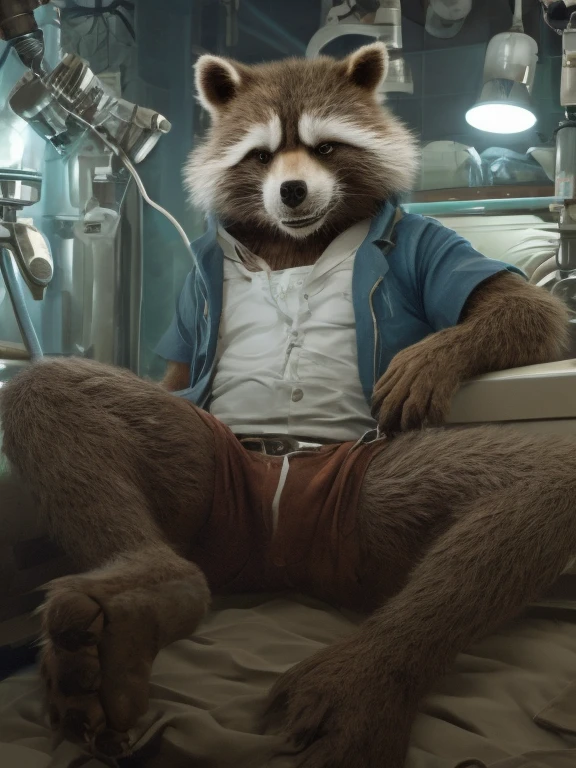 Sedated Rocket Racoon, lying on a bed in a laboratory with his legs spread, drugged with sedation from a drip, closed eyes, strapped to the bed by his wrists and ankles, a distinctly sleepy look on his face, resisting to sleep, detailed nice big paws with short claws, wears orange prison uniform, MCU vivid colour style, dark brown and gray and white fur, visible soles