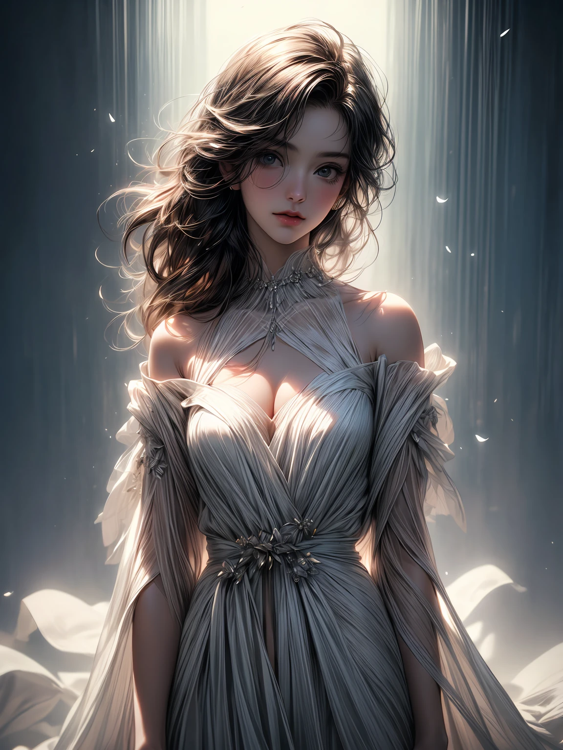 (best quality,4k,8k,highres,masterpiece:1.2),ultra-detailed,(realistic,photorealistic,photo-realistic:1.37),portrait of a beautiful girl with vibrant colors, surrounded by a playful scene of money floating in the air. The girl is dressed in a stunning gown that enhances her elegance and sophistication. Her joyful expression and radiant smile reflect her happiness. The lighting highlights her delicate facial features, emphasizing her expressive eyes and luscious lips. The scene is filled with a sense of excitement and abundance, creating a dynamic and visually captivating artwork.