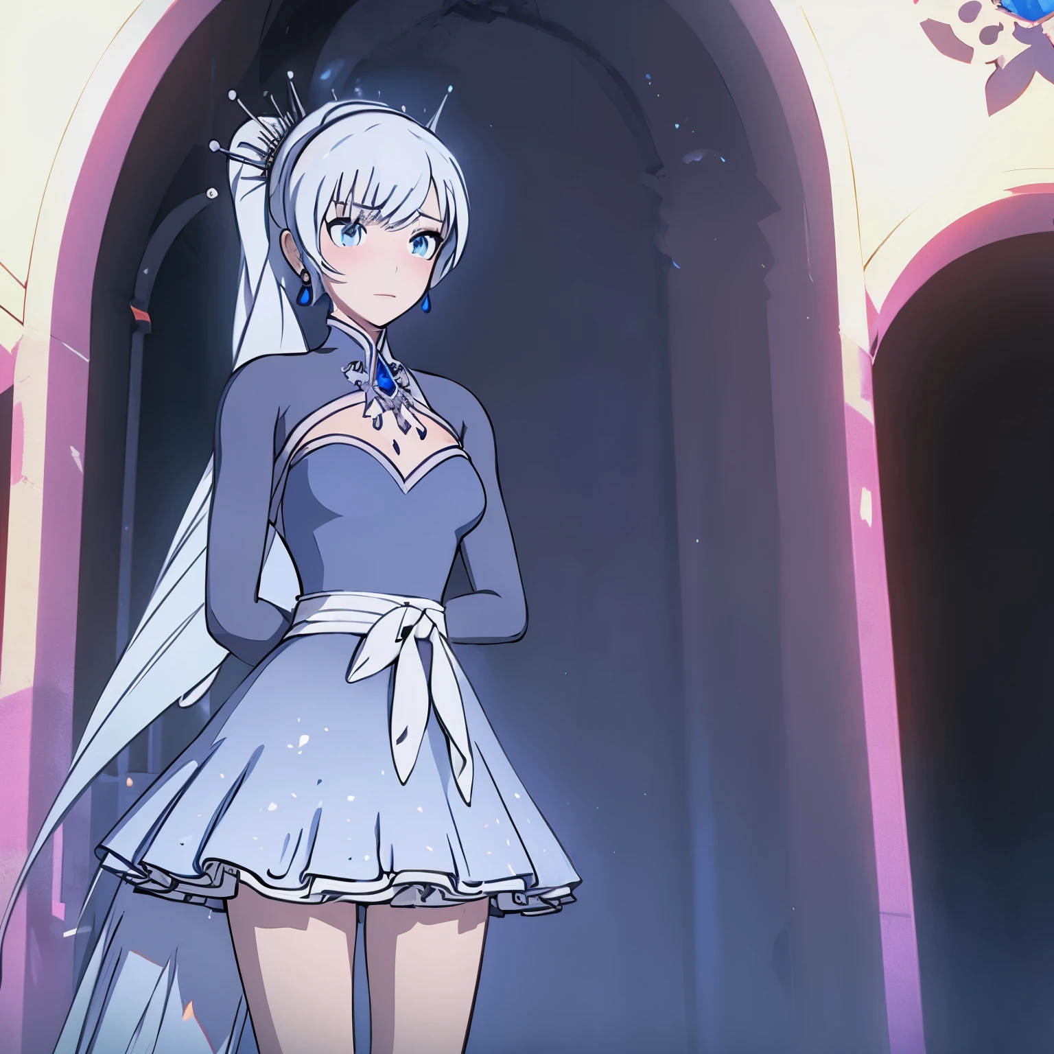 Weiss_RWBY, dress, tiara, jewelry, earrings, cleavage cutout,