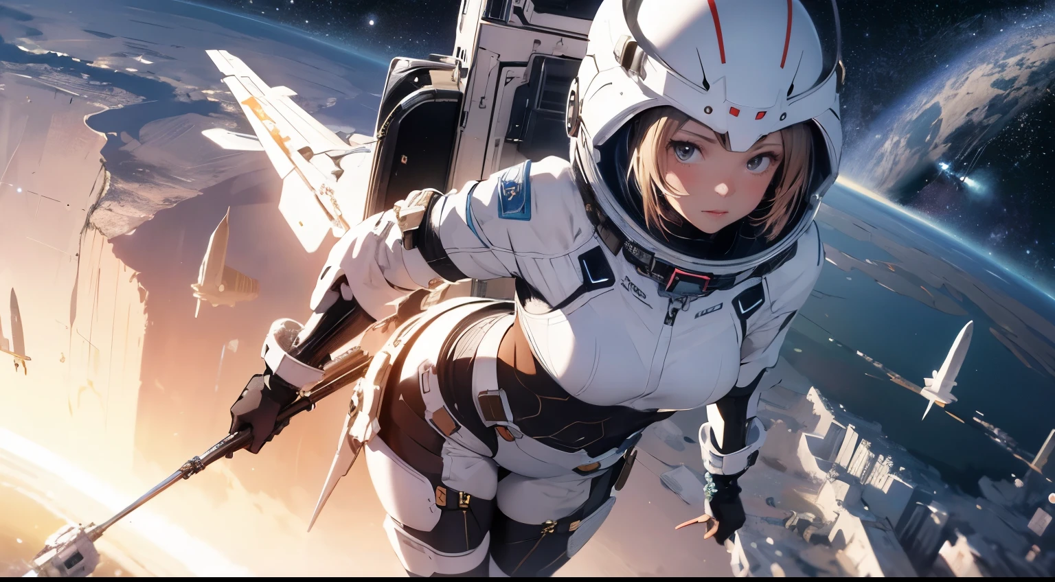 absurd res, high res, (masterpiece:1.4), ultra-detailed, 1girl, wearing a Futuristic space suit, from above, space, floating, (best quality), awesome looking stars and planets visible,