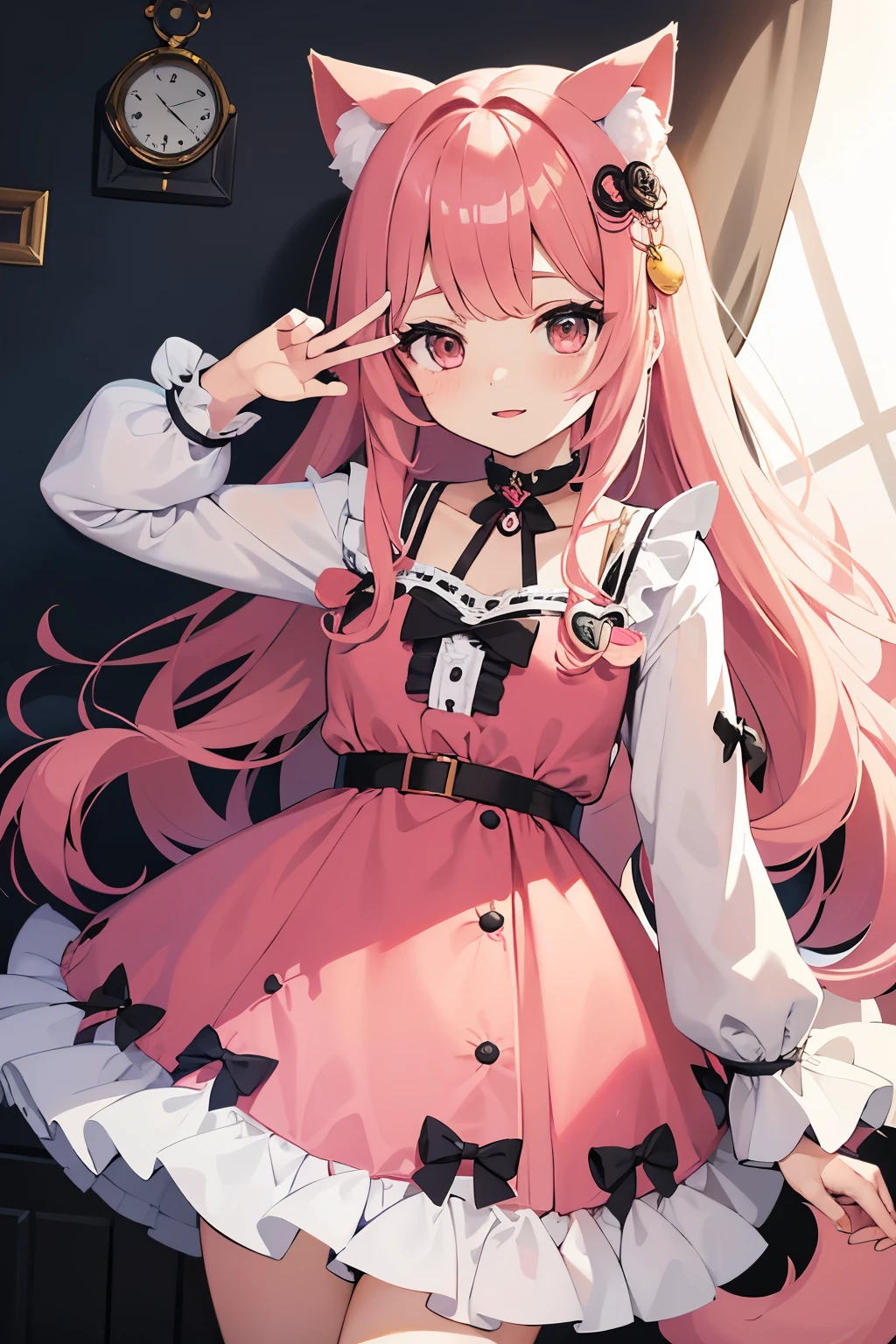 design perfeito de vtuber, roupa rosa design inovador e fofo, nekomimi, cabelo longo hime cute e rosa, vtuber style, design complexo, design de vtuber roupa, vtuber streammer