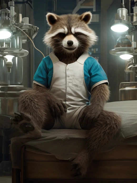 Sedated Rocket Racoon, lying on a bed in a laboratory with his legs spread, drugged with sedation from a drip, closed eyes, strapped to the bed by his wrists and ankles, a distinctly sleepy look on his face, resisting to sleep, detailed nice big paws with short claws, wears orange prison uniform, MCU vivid colour style, dark brown and gray and white fur, visible soles