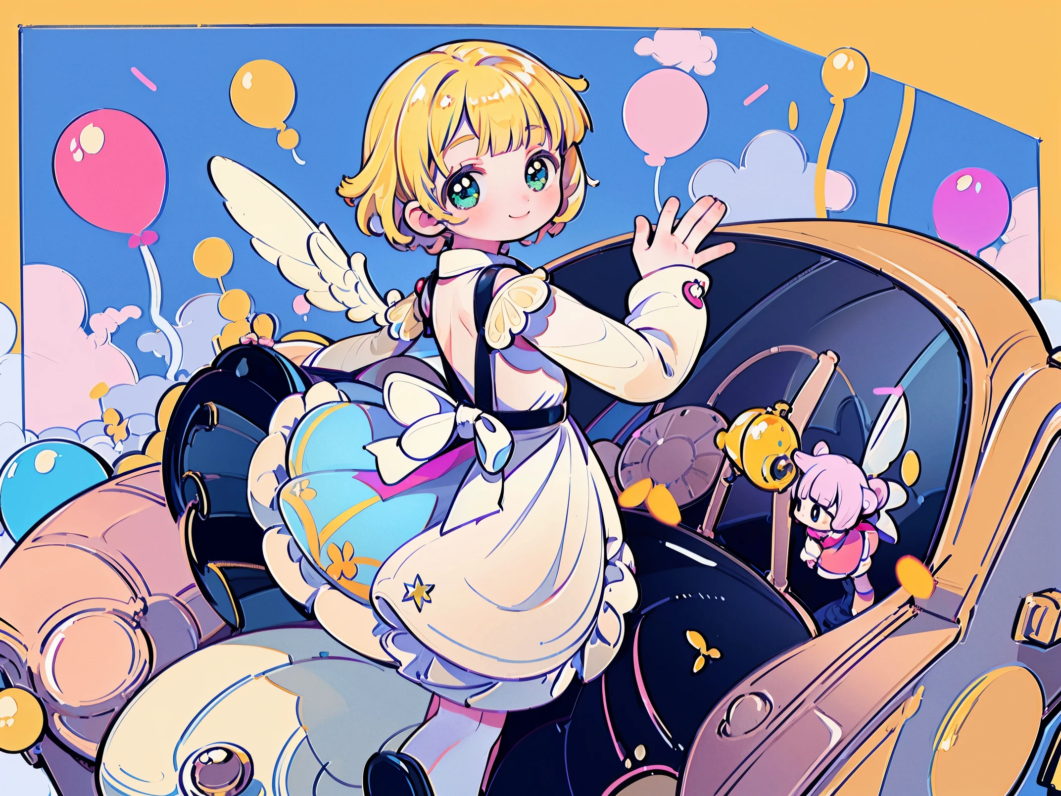 masterpiece, best quality, 1girl, balloon, blonde hair, blunt bangs, short hair, pixie cut, wave hair,
tareme, green eyes,  holding,  dress, looking at viewer, holding balloon,  wings, bangs, long sleeves, apron, smile,