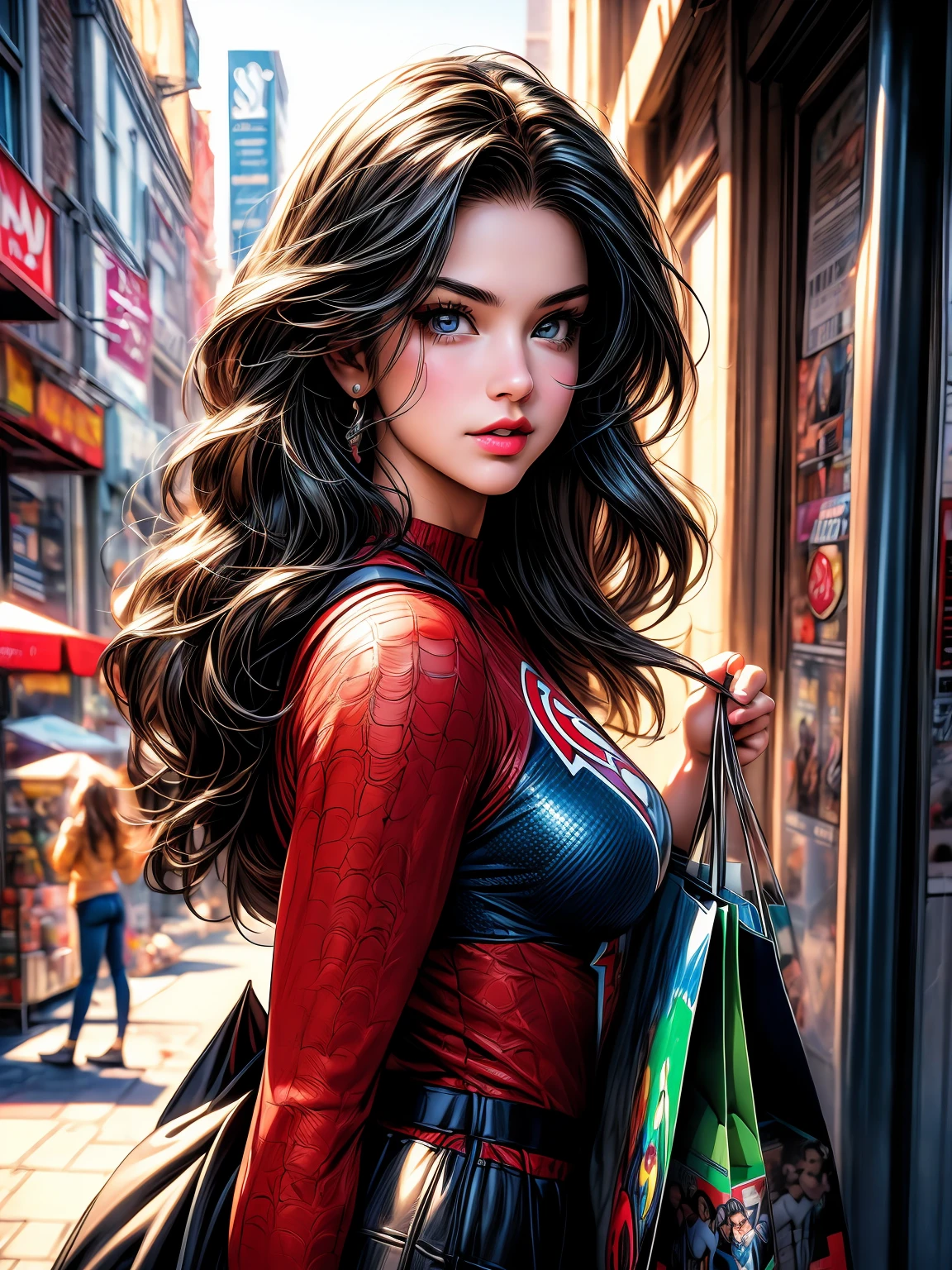 (ultra-detailed) Girl with shopping bag, boy with comic books, (dc comics style), vibrant colors, dynamic lighting, (realistic) detailed eyes and lips, (highres) vibrant street, (portrait) urban scene, fashionable outfits, confident expressions, iconic superhero poses, bustling city background, comic book inspired artwork.