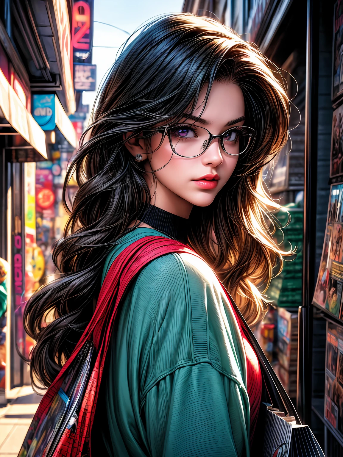 (ultra-detailed) Girl with shopping bag, boy with comic books, (dc comics style), vibrant colors, dynamic lighting, (realistic) detailed eyes and lips, (highres) vibrant street, (portrait) urban scene, fashionable outfits, confident expressions, iconic superhero poses, bustling city background, comic book inspired artwork.