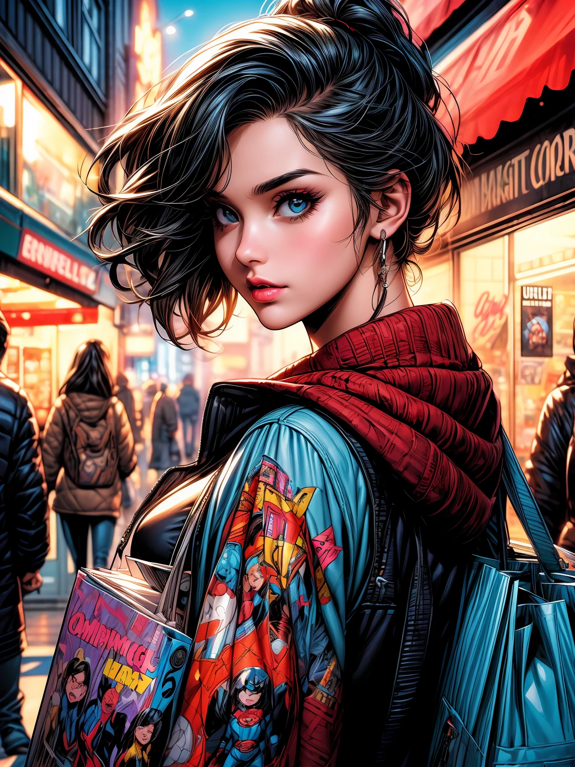 (ultra-detailed) Girl with shopping bag, boy with comic books, (dc comics style), vibrant colors, dynamic lighting, (realistic) detailed eyes and lips, (highres) vibrant street, (portrait) urban scene, fashionable outfits, confident expressions, iconic superhero poses, bustling city background, comic book inspired artwork.