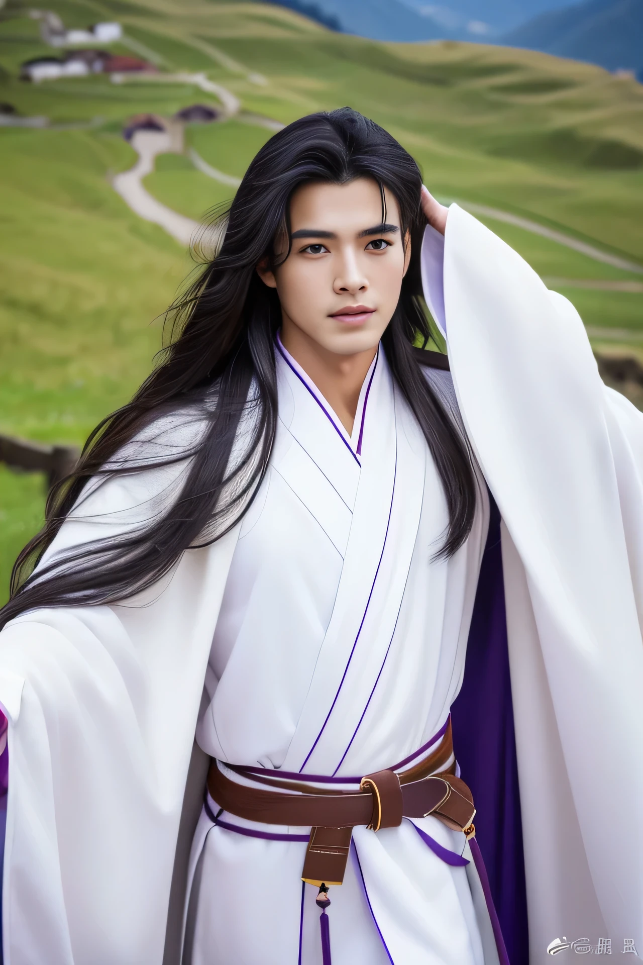 Best quality, masterpiece, ultra high res, (photorealistic:1.4), detailed face, detailed eyes, raw photo, young handsome male, black hair, (full body), perfect face, perfect eyes, (mountain background:1.2), wearing white long chinese style clothes, (long white cape), (robe), purple waistband, ((messy long hair)), (((Male)))