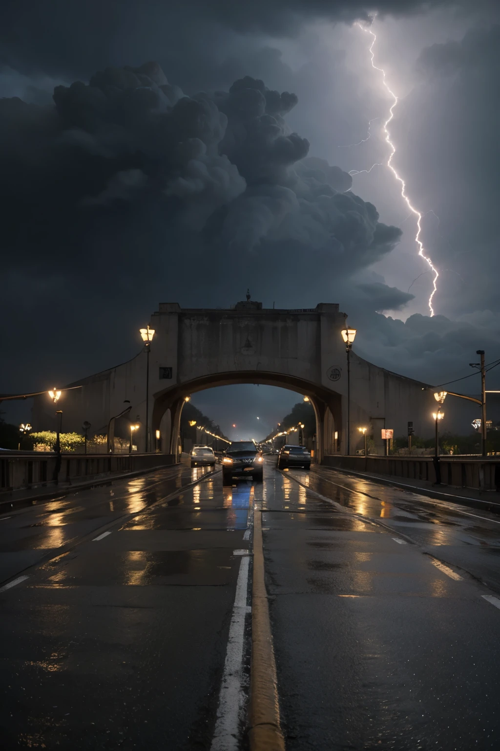 Lugar escuro, hurricane, tempestade, running away from the bridge full of cars and lightning