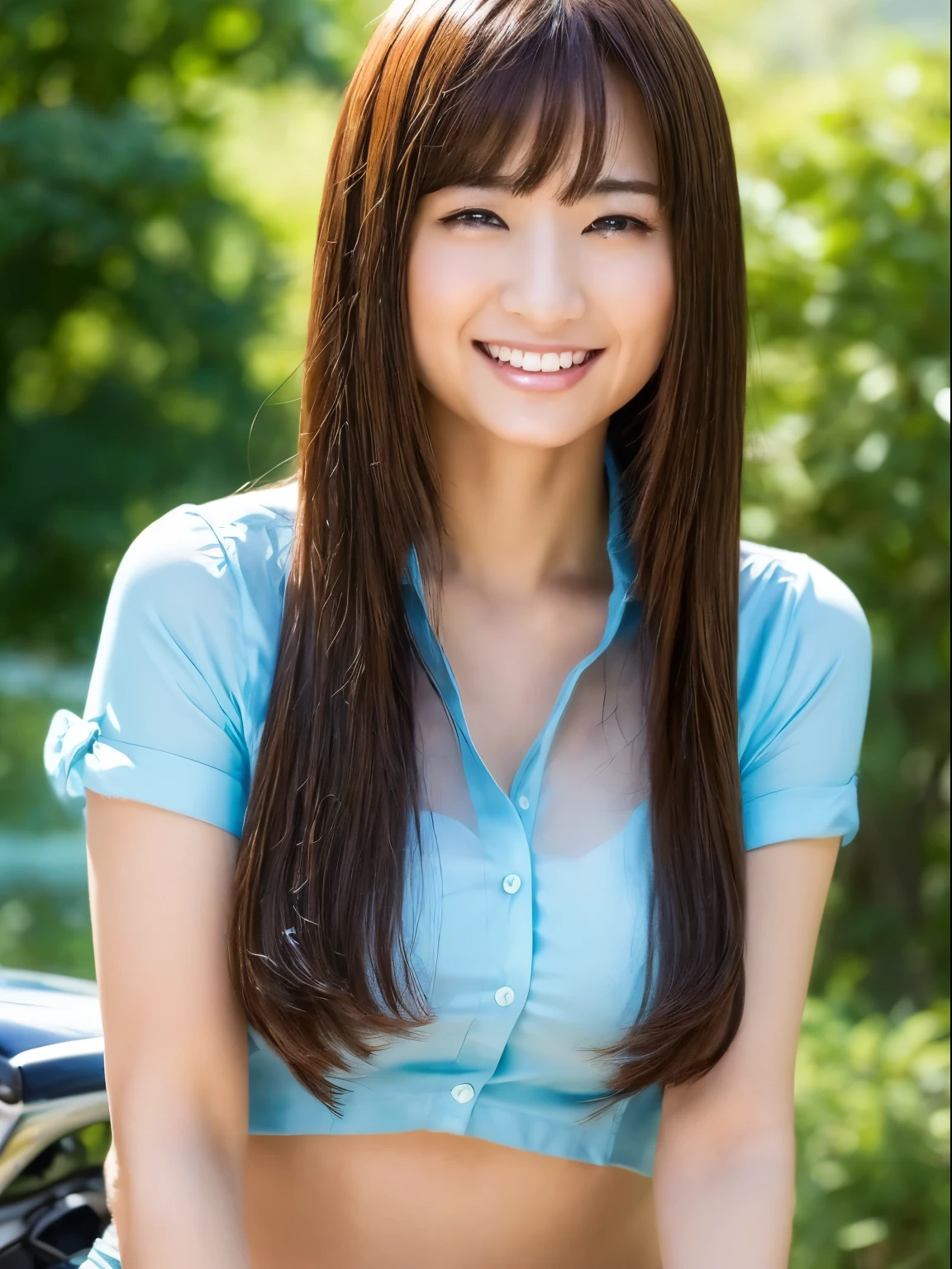(top-quality、8K、32K、masterpiece、nffsw:1.3)、Attractive Japanese Woman Pictures、 1 人、abdominals、the perfect body、(Transparent shirt:1.1)、hyperdetailed face、Eye-like detailed lips、二重まぶた、A smile、motor cycle