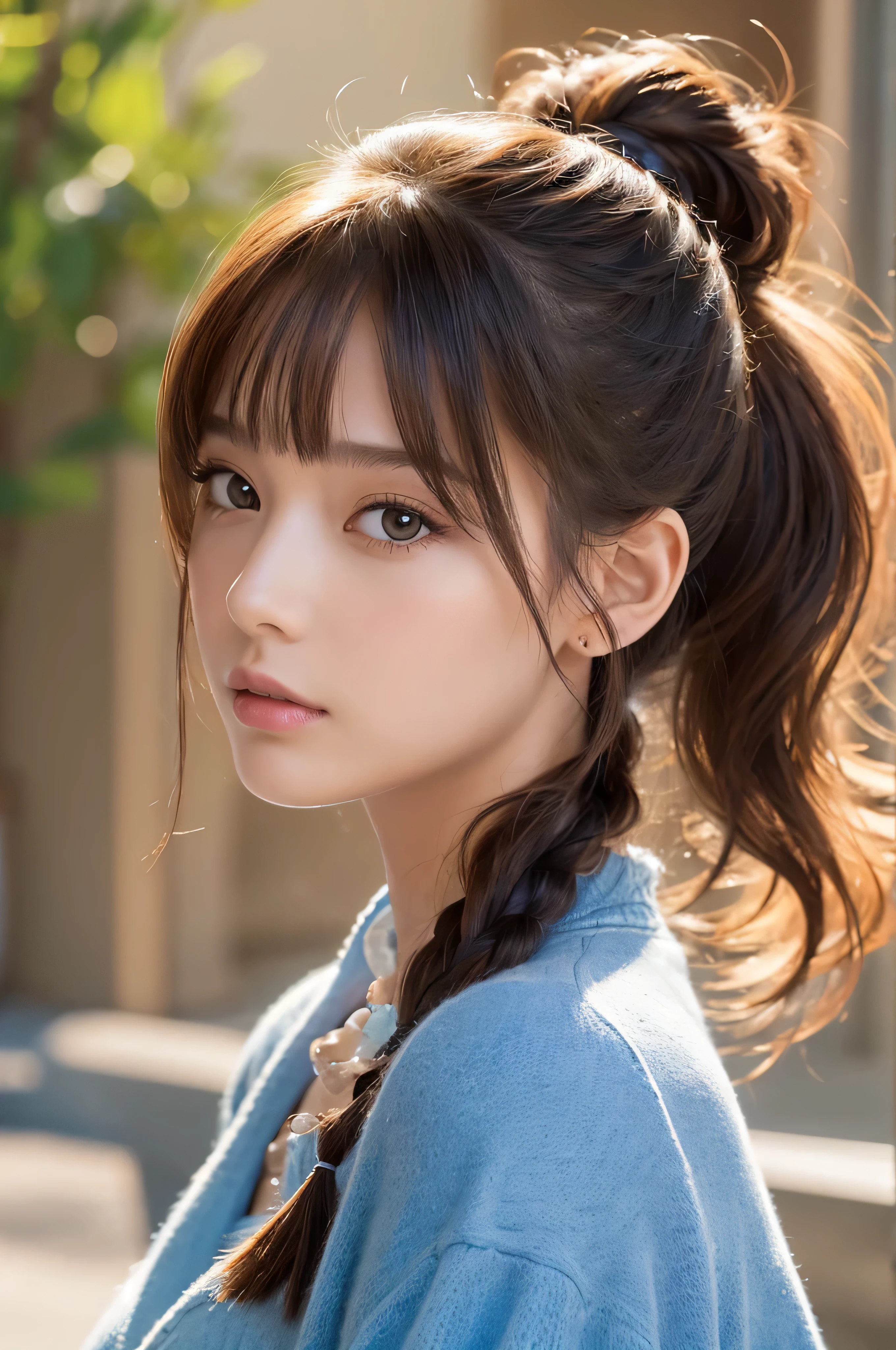 (masterpiece), (best quality), (ultra detailed),(disheveled hair),(illustration), (1girl), (Fashionable clothing), gorgeous, indoors, eastern, standing, Fashion model, looking at viewer, (interview), ( background),beautiful detailed eyes, delicate beautiful face, Floating,(high saturation),(colorful splashes),colorful bubble,(shining), focus on face, ponytail, bangs, (shining), best lighting, best shadow,