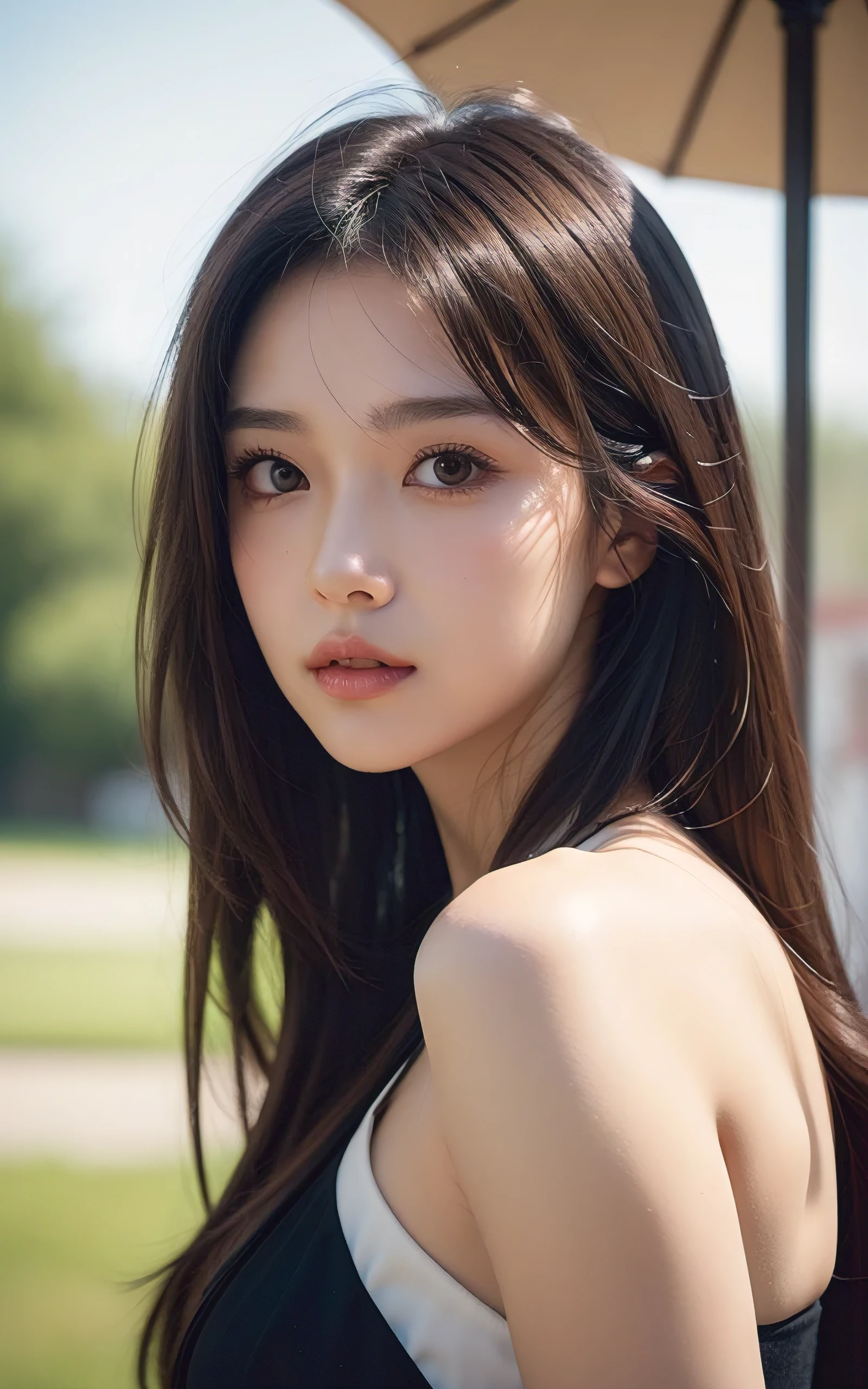 upperbody shot、front-facing view、a Japanese young pretty woman、Gentle face、hyper cute face、shiny lips、Double eyelids in both eyes、Natural makeup, long eyeslashes、Back Light, Bob Hair Tweeny Smooth Light Brown Hair、Hair swaying in the wind, asymmetrical bangs、Headframe、image in center、8K、high detailing、detailed hairstyle、A detailed face、spectacular movie lighting、octane renderings、with a vibrant、Ultra-realistic、Perfect limbs、perfect anatomia
