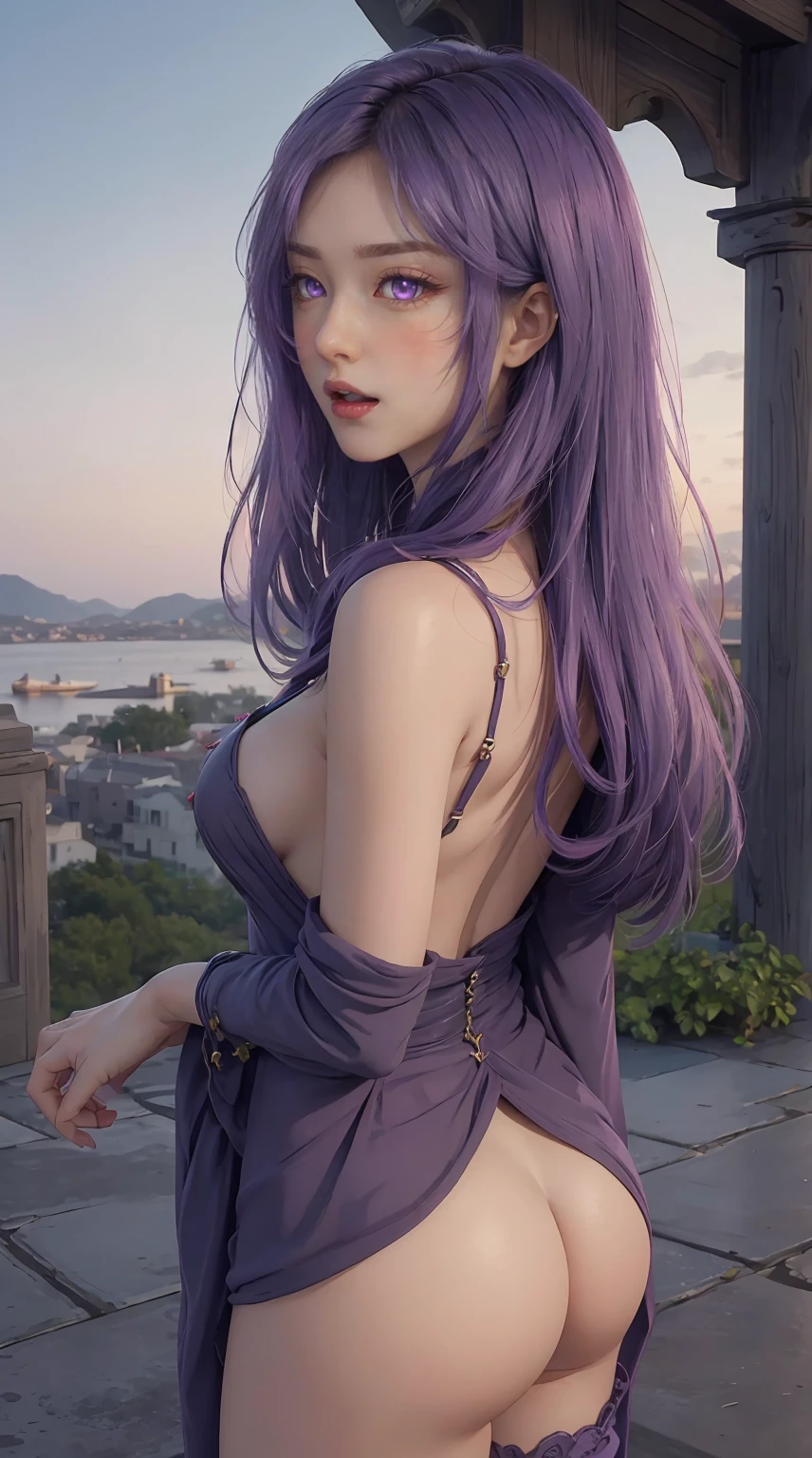 8K, Ultra High Definition, Super detailed, Shiny detailed hair, detailed face, fantasy landscape, solo, looking at viewer, {{best quality}}, {{masterpiece}}, {{ultra-detailed}}, {detailed light}, ultra high quality eyes, detailed eyes, perfect eyes, large eyes, detailed purple eyes, purple hair, long hair, adorned hair, beautiful, skinny body, white skin, slutty, erotic, suggestive, view from the back, looking from behind, curvy booty, showing the butt, lingerie, in lingerie, blushing, open mouth, ahegao, ((nsfw))