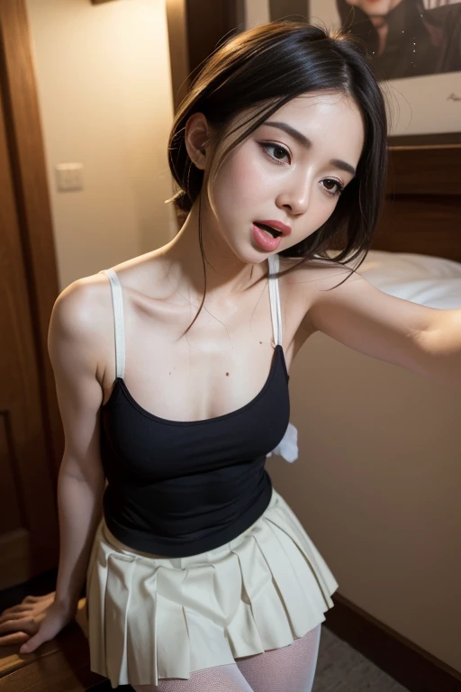  Chinese girl, Asian, young, (pale, white skin), cute face, ((topless)), short, small, tiny, petite, black hair, black pleated skirt