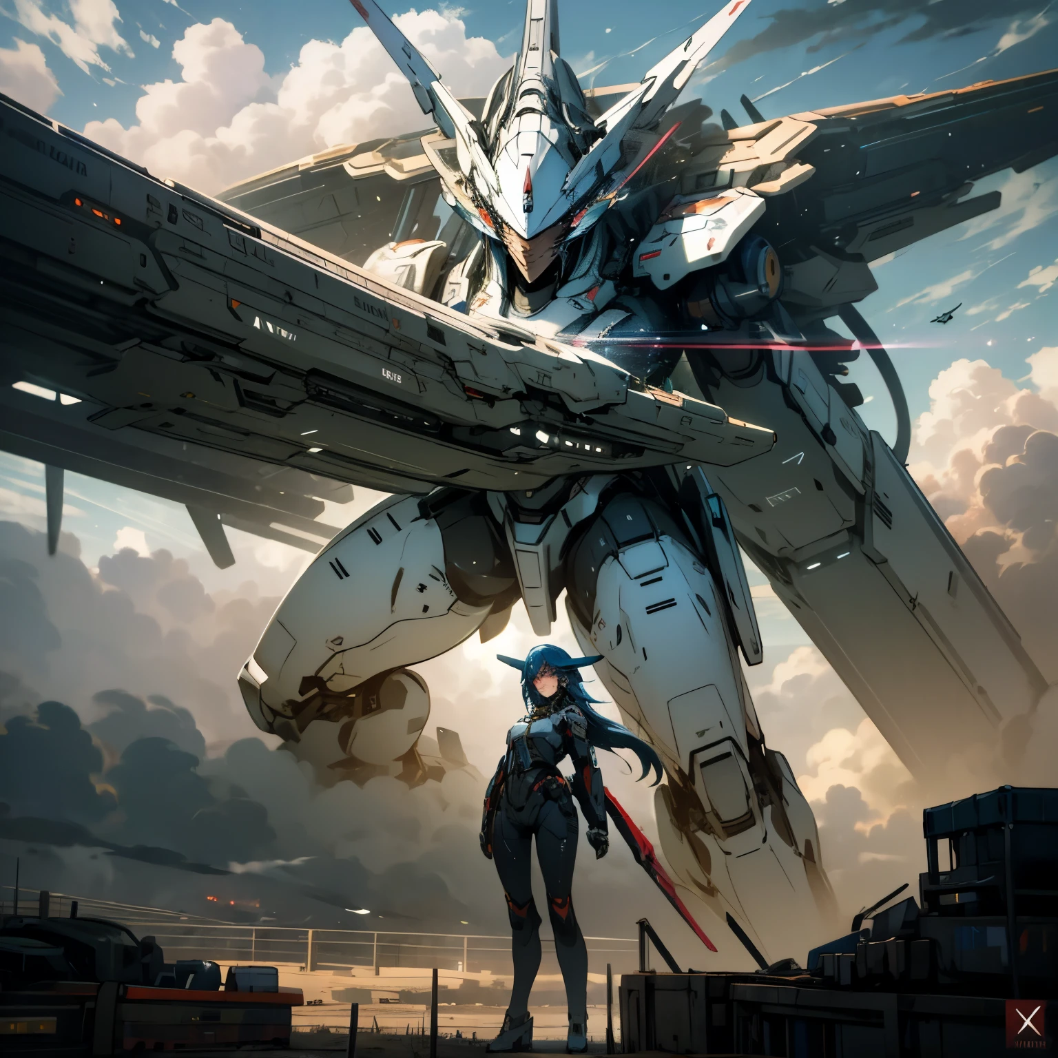 1 girl very beautiful, erotic girls versus a gigant mecha, epic fight battle, clouds in sky, girl full-body detalhed, futuristic weapon