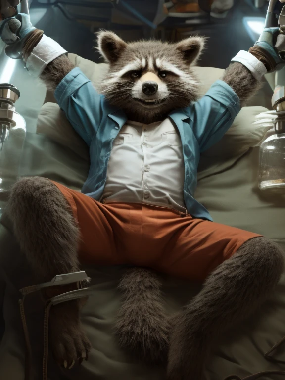 Sedated Rocket Racoon, lying on a bed in a laboratory with his legs spread, drugged with sedation from a drip, closed eyes, strapped to the bed by his wrists and ankles, a distinctly sleepy look on his face, resisting to sleep, detailed nice big paws with short claws, wears orange prison uniform, long orange pant, MCU vivid colour style, dark brown and gray and white fur, visible soles