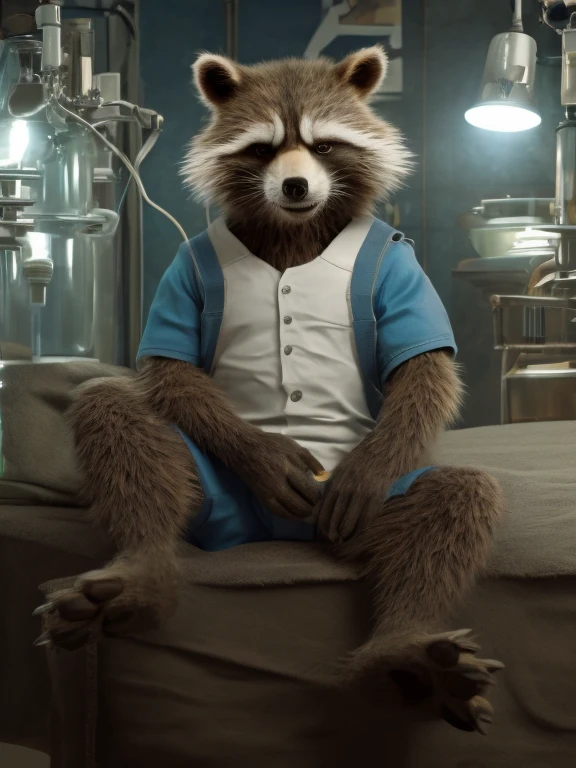 Sedated Rocket Racoon, lying on a bed in a laboratory with his legs spread, drugged with sedation from a drip, closed eyes, strapped to the bed by his wrists and ankles, a distinctly sleepy look on his face, resisting to sleep, detailed nice big paws with short claws, wears orange prison uniform, MCU vivid colour style, dark brown and gray and white fur, visible soles