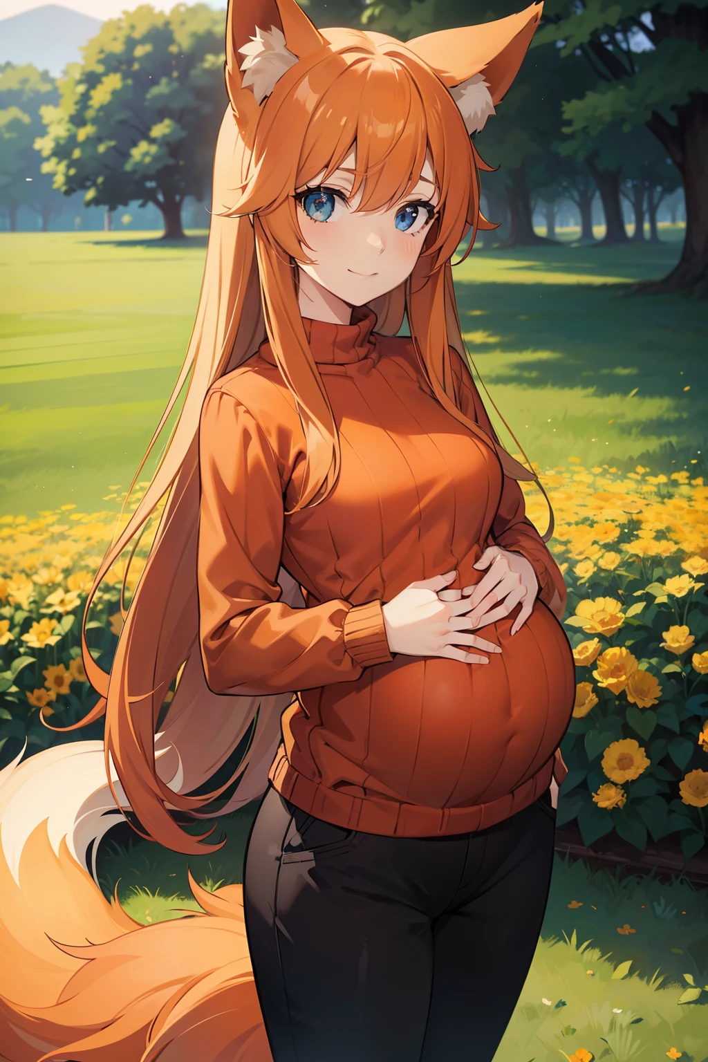 Trees, outside, spring, sunny, leaves, flowing leaves in the wind,1girl,best quality,best resolution,(fluffy anthro furry :1.6),fox girl, orange hair,medium breasts,pink eyes,glowing eyes, medium hair,wavy hair,messy hair, fox ears,heart collar,grey bracelet,sumbeam,looking at viewer,heavy reath,very hot,full face blush,sparkling eyes,glistering eyes, (side view:1.3), (pregnant:1.3), shiny skin, orange skin, expressionless, thighhighs, dress