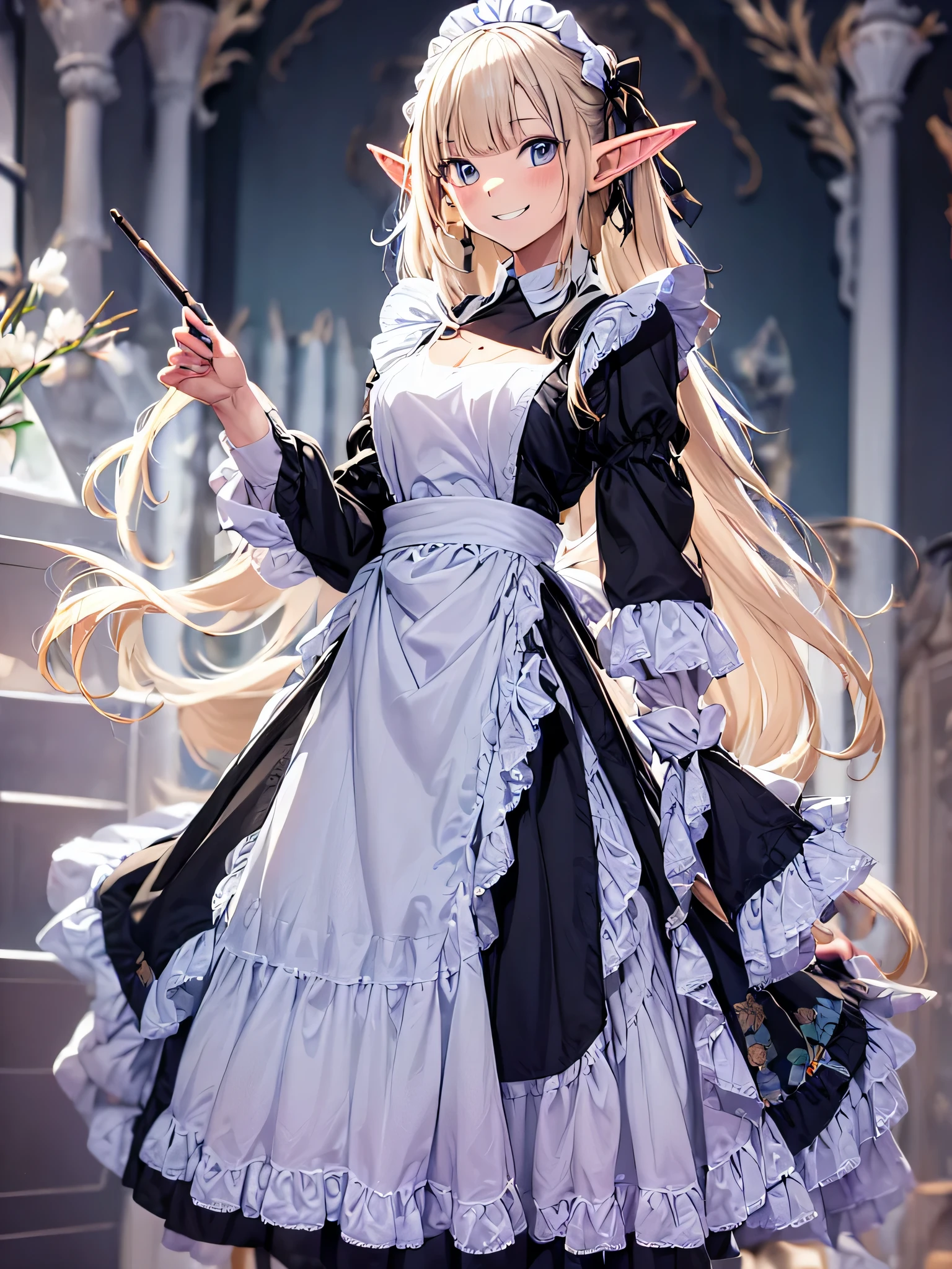 elf girl solo, smiling gentry,  silver blonde twintail hair, black long maid dress, She is drinking tea in an antique teacup