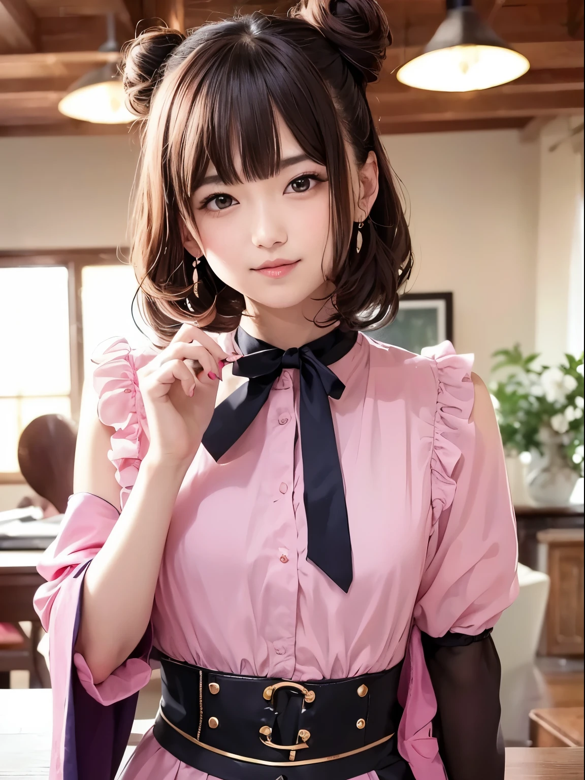 (Raw photography、top-quality)、(realisitic、Photorealsitic:1.3)、top-quality、masterpiece、extremely delicate and beautiful、ighly detailedな、nffsw、A sense of unity、2k wallpaper、magnifica、Beautiful in every detail、masterpiece、浅笑、top-quality、ighly detailedなnffswユニティ8Kんでの壁紙、huge filesize、ultra-detailliert、hight resolution、ighly detailed、Female 1 Person、Slim body、dc(Black Leotard Top:0.7)、(Pink skirt:1.2)、(Bun hair)、(brown haired)、Look at the front、Sharp Focus、Face Close-up、pureerosface_v1:0.8 Short Hair、Beautiful pink and shiny nails