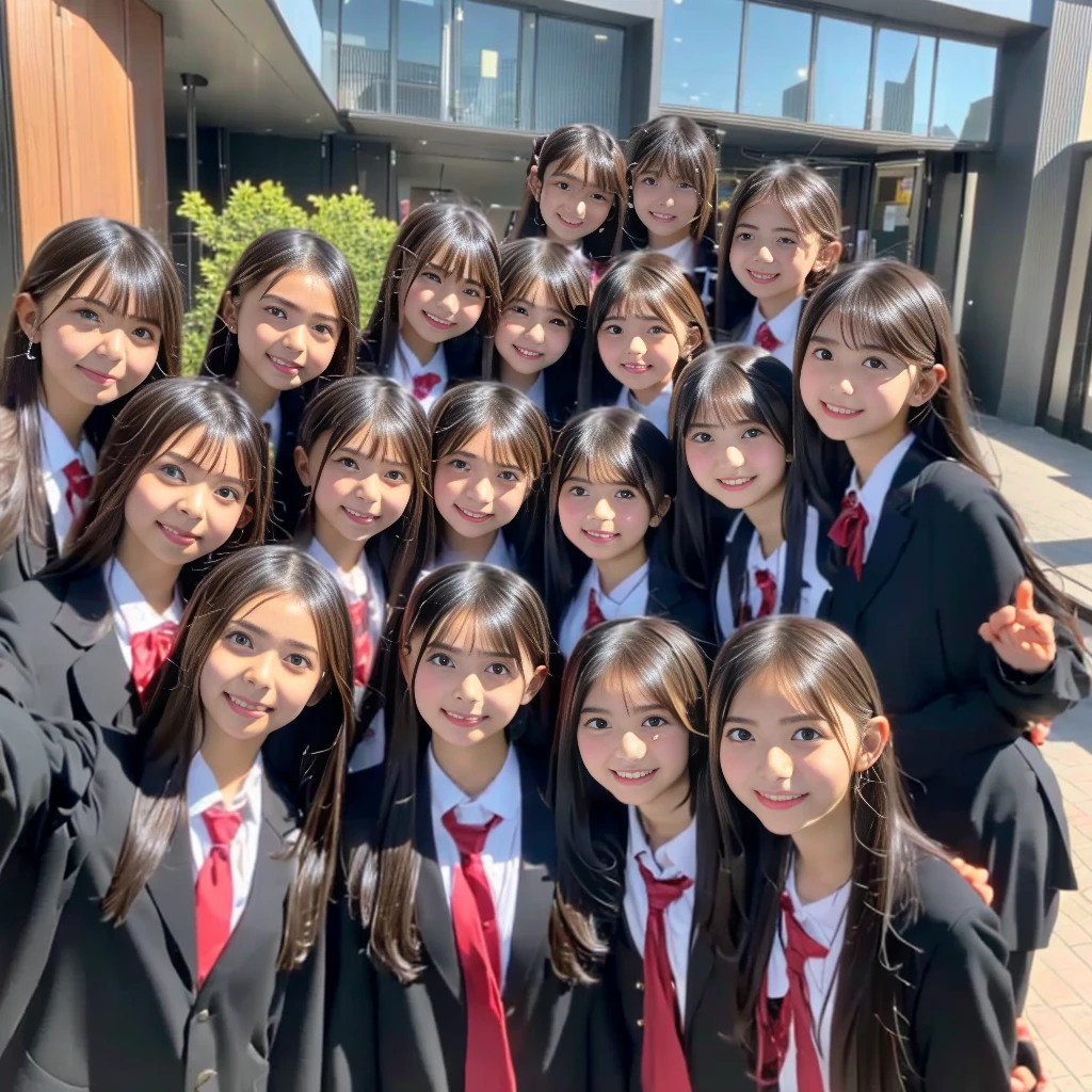 Raw photo、(((multiple girls))),((((6+girls)))),((((100girls)))),((((1000girls))))、((((100 Girls))))、Women only、The same face、((matching school uniform))、((((Large group))))、************、Long black hair、100 cute high school girls on their way to school、a smile、Commuting to school、School route、In the street、selfee、same person、High school students