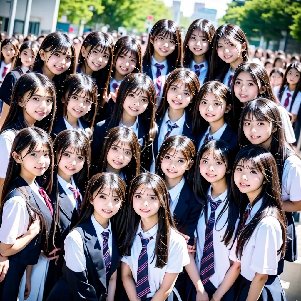 Raw photo、(((multiple girls))),((((6+girls)))),((((100girls)))),((((1000girls))))、((((100 Girls))))、Women only、The same face、((matching school uniform))、((((Large group))))、、Long black hair、100 cute high school girls on their way to school、a smile、Commuting to school、School route、In the street、selfee、same person、High school students