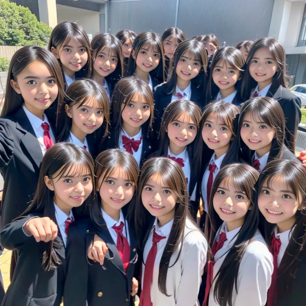 Raw photo、(((multiple girls))),((((6+girls)))),((((100girls)))),((((1000girls))))、((((100 Girls))))、Women only、The same face、((matching school uniform))、((((Large group))))、************、Long black hair、100 cute high school girls on their way to school、a smile、Commuting to school、School route、In the street、selfee、same person、High school students