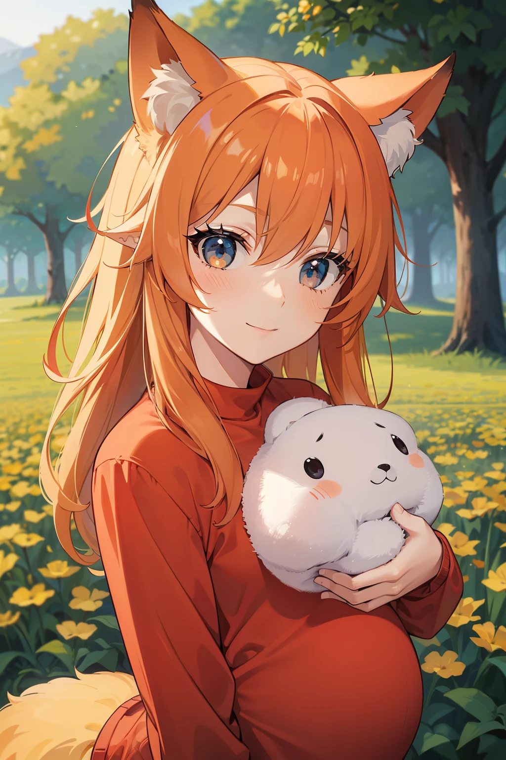 high-quality, breathtaking),(expressive eyes, perfect face) (centered image composition), 1girl, solo orange hair, orange fluffy fox ears, fully clothed, background, field of depth, front_light, pregnant, five fingers, small belly, modern clothes, red shirt, loose pants, small stomach, gentle smile, portrait, hands gently on her stomach, motherly, elegant