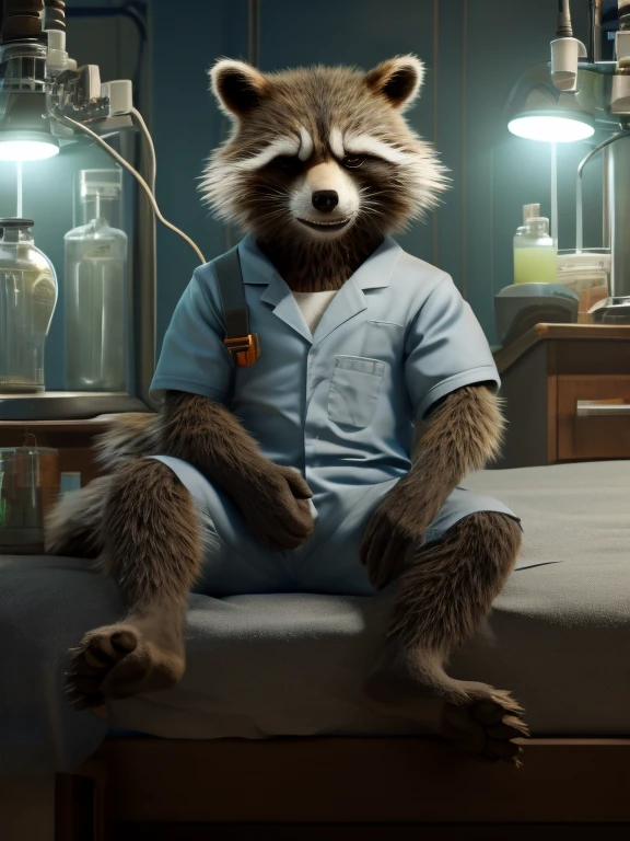 Sedated Rocket Racoon, lying on a bed in a laboratory with his legs spread, drugged with sedation from a drip, closed eyes, strapped to the bed by his wrists and ankles, a distinctly sleepy look on his face, resisting to sleep, detailed nice big paws with short claws, wears orange prison uniform, MCU vivid colour style, dark brown and gray and white fur, visible soles