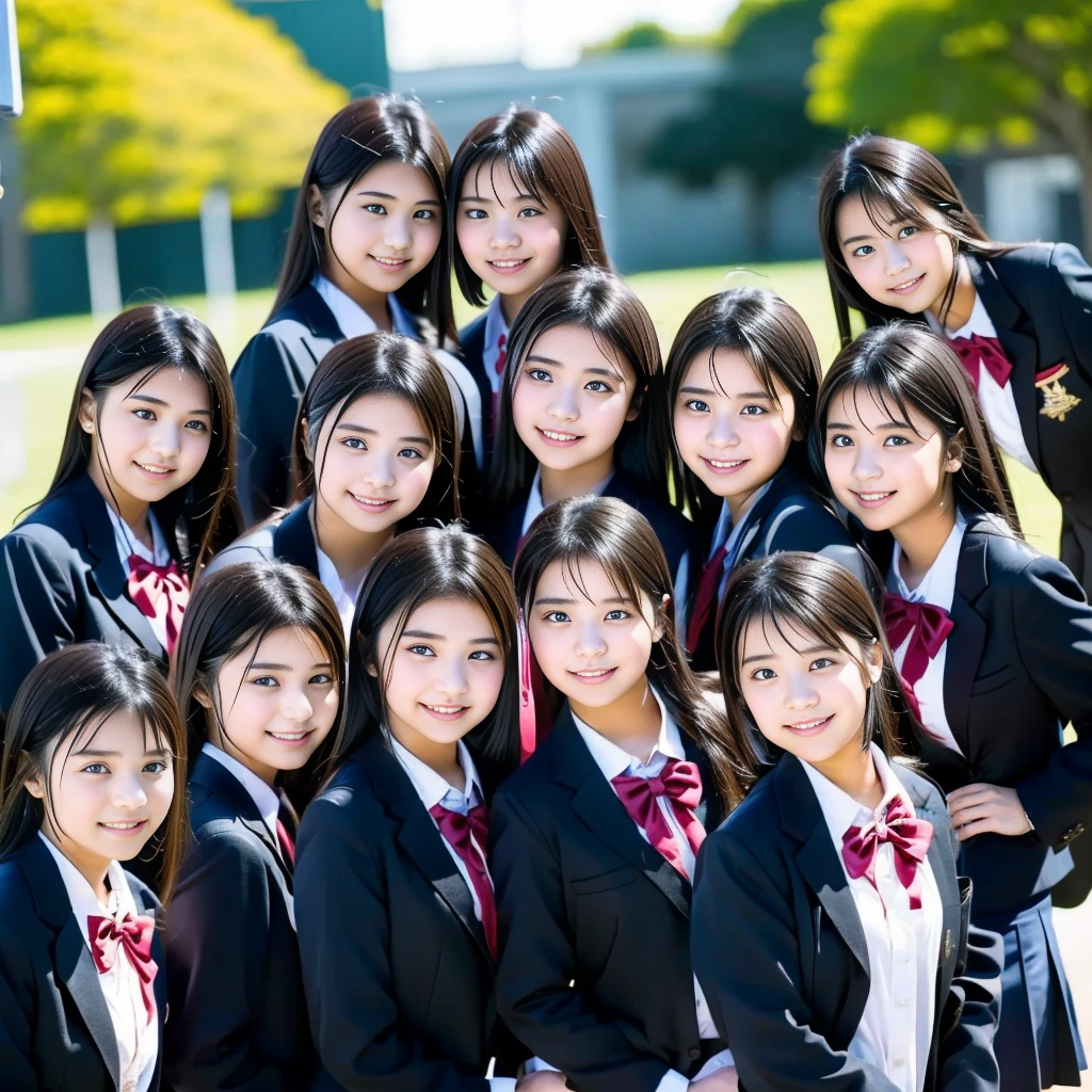 Raw photo、(((multiple girls))),((((6+girls)))),((((100girls)))),((((1000girls))))、((((100 Girls))))、Women only、The same face、((matching school uniform))、((((Large group))))、************、Long black hair、100 cute high school girls on their way to school、a smile、Commuting to school、School route、In the street、selfee、same person、High school students