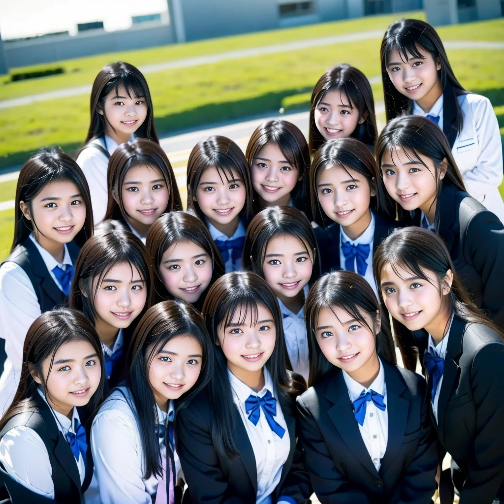 Raw photo、(((multiple girls))),((((6+girls)))),((((100girls)))),((((1000girls))))、((((100 Girls))))、Women only、The same face、((matching school uniform))、((((Large group))))、************、Long black hair、100 cute high school girls on their way to school、a smile、Commuting to school、School route、In the street、selfee、same person、High school students