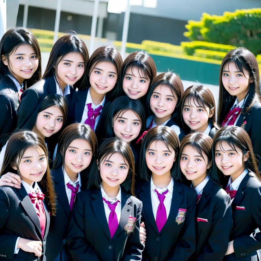 Raw photo、(((multiple girls))),((((6+girls)))),((((100girls)))),((((1000girls))))、((((100 Girls))))、Women only、The same face、((matching school uniform))、((((Large group))))、************、Long black hair、100 cute high school girls on their way to school、a smile、Commuting to school、School route、In the street、selfee、same person、High school students