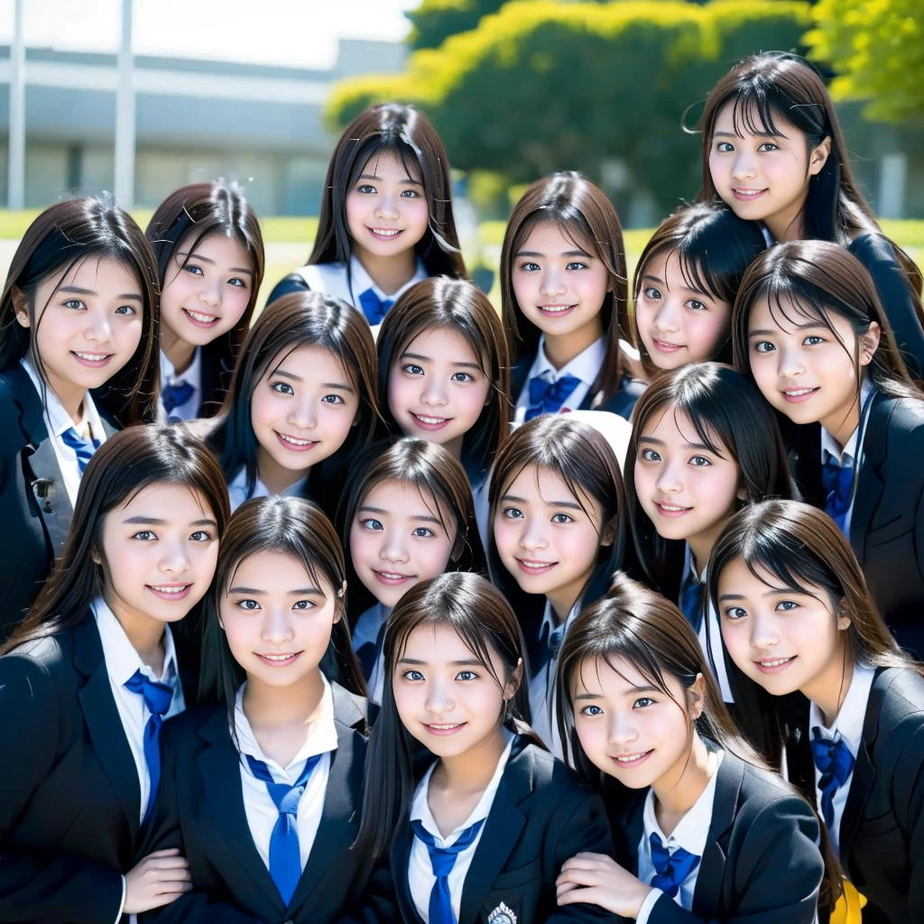 Raw photo、(((multiple girls))),((((6+girls)))),((((100girls)))),((((1000girls))))、((((100 Girls))))、Women only、The same face、((matching school uniform))、((((Large group))))、************、Long black hair、100 cute high school girls on their way to school、a smile、Commuting to school、School route、In the street、selfee、same person、High school students