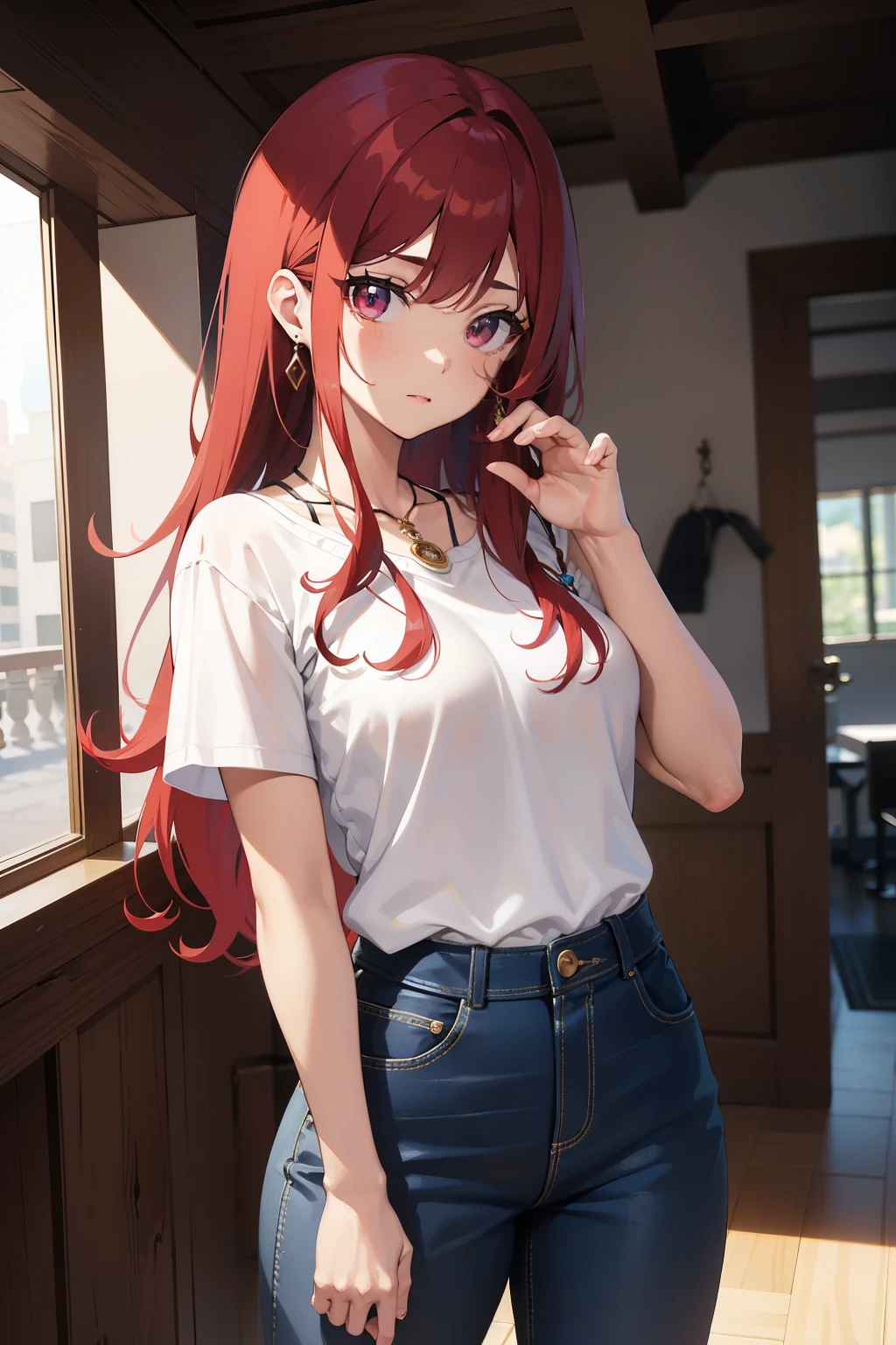 Obra maestra, La mejor calidad, 4k, Pelo rojo, pechos enormes, bolso, Cola de caballo, Camiseta, Collares, jewely, pantalones cortos, caderas anchas, Gyaru, cinta para el cabello, ojos amarillos,
