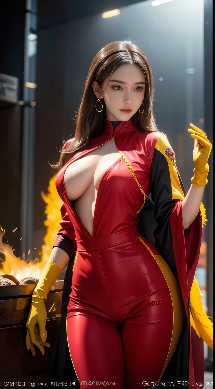 (The upper part of the body:1.3), 1 girl,Phoenix Guardian, Golden Phoenix Badge Fire Resistant Suit, Fire cage with obsidian strips, A phoenix nest with glittering golden feathers, Claw gloves for handling phoenix, Feed the fiery rubies of the phoenix,