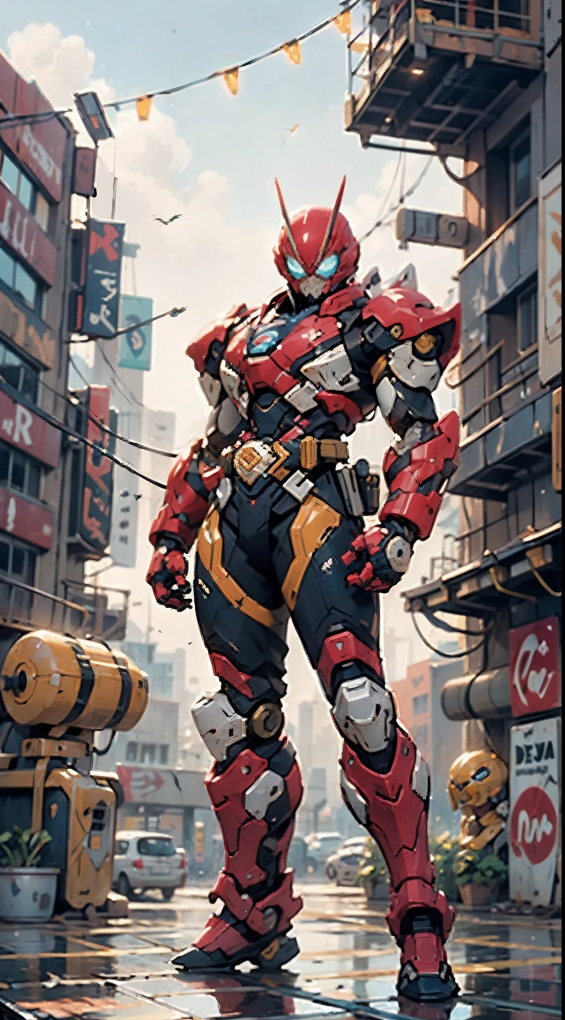 A super  a high-tech biotech battle suit, standing on a rooftop, looking over the city, Japanese tokusatsu and American comic style, biometallic texture of the suit, sleek and shiny, dynamic, fast, natural light, cinematic, high quality, high resolution, high detail, sophisticated design, dramatic, high definition, ultra-detailed, ultra-fine painting, extremely delicate, creativity, Natural light, cinematic lighting, best shadow, masterpiece-anatomy-perfect