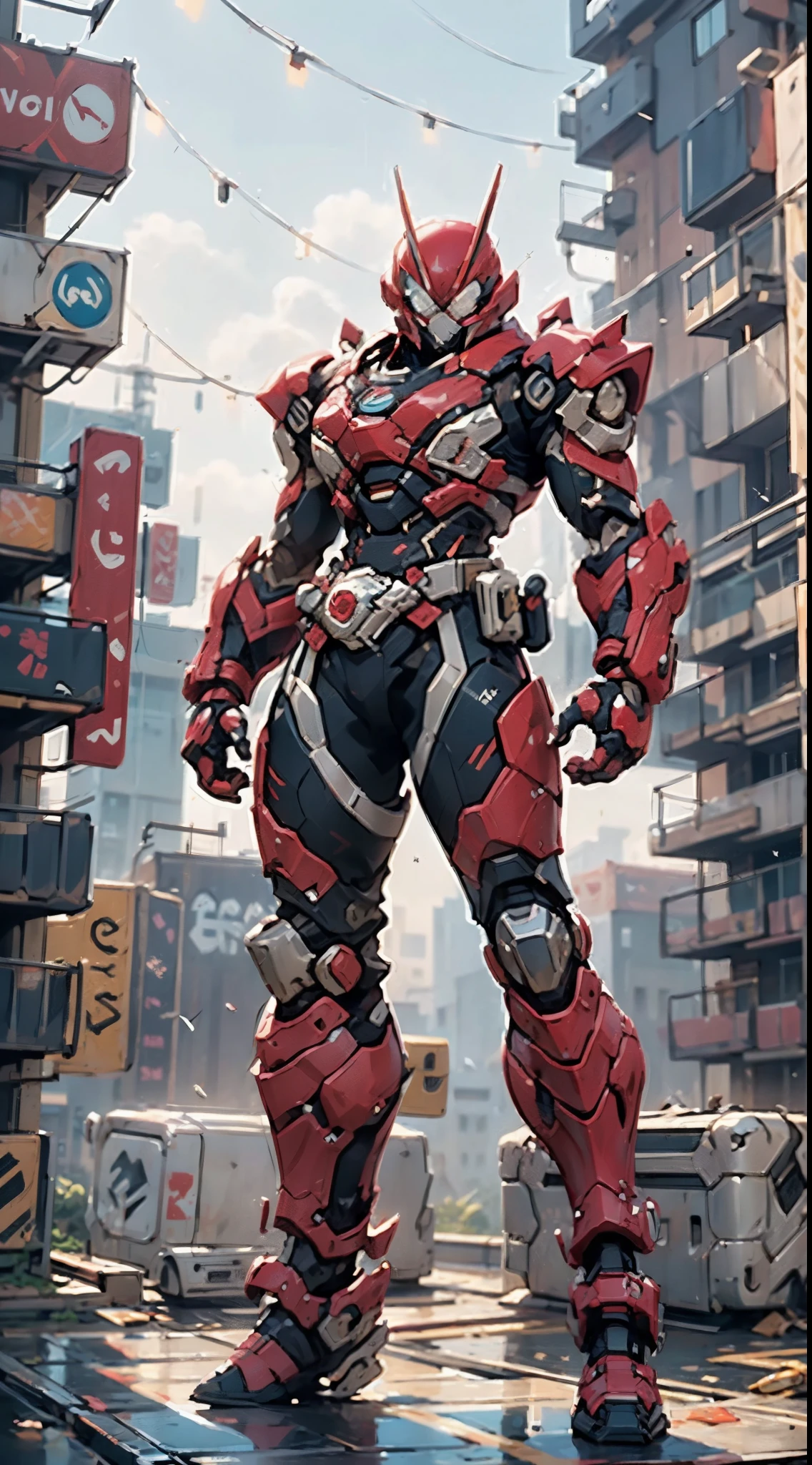 A super a high-tech biotech battle suit, standing on a rooftop, looking over the city, Japanese tokusatsu and American comic style, biometallic texture of the suit, sleek and shiny, dynamic, fast, natural light, cinematic, high quality, high resolution, high detail, sophisticated design, dramatic, high definition, ultra-detailed, ultra-fine painting, extremely delicate, creativity, Natural light, cinematic lighting, best shadow, masterpiece-anatomy-perfect