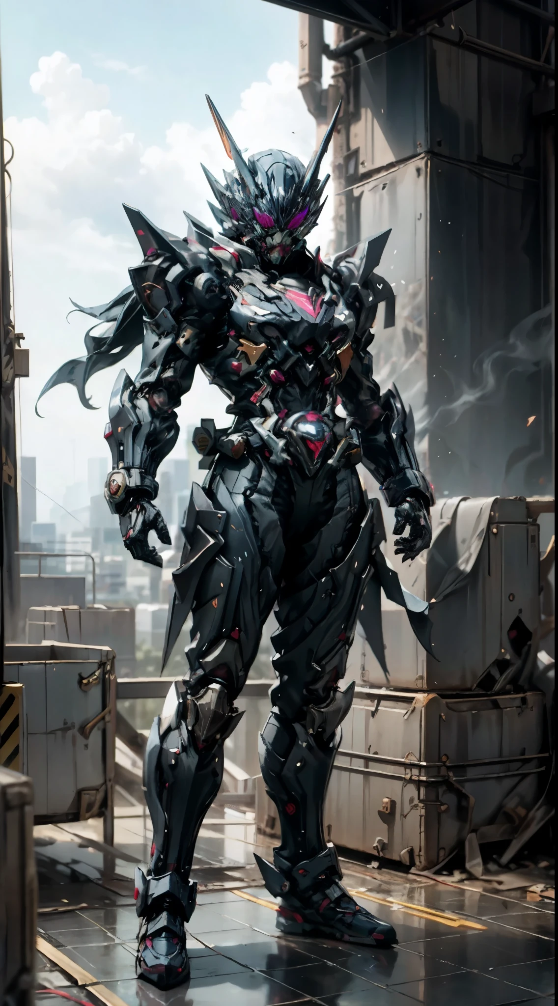 A super a high-tech biotech battle suit, standing on a rooftop, looking over the city, Japanese tokusatsu and American comic style, biometallic texture of the suit, sleek and shiny, dynamic, fast, natural light, cinematic, high quality, high resolution, high detail, sophisticated design, dramatic, high definition, ultra-detailed, ultra-fine painting, extremely delicate, creativity, Natural light, cinematic lighting, best shadow, masterpiece-anatomy-perfect