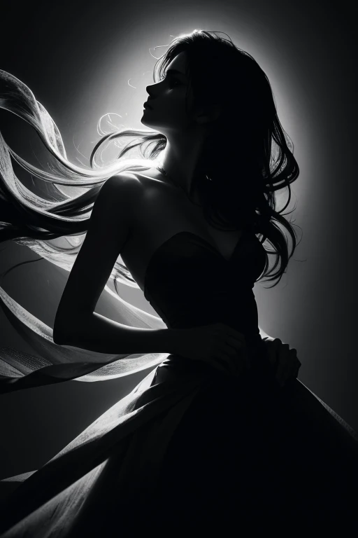 silhouette art,best quality,ultra-detailed,black and white,portraits,contrast,creative composition,medium:charcoal,sharp focus,highres,backlit subject,dramatic lighting,expressive,captivating,emotional,moody atmosphere,mysterious,subtle details,graceful poses,striking visual impact,dynamic shapes,fluid lines,contrasting textures,intriguing shadows,ethereal beauty,simple and elegant,romantic aura,impressive storytelling,vivid emotions,fluid movement,artistic flair,sublime beauty,surreal atmosphere,masterpiece:1.2