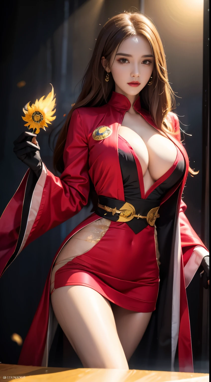(The upper part of the body:1.3), 1 girl,Phoenix Guardian, Golden Phoenix Badge Fire Resistant Suit, Fire cage with obsidian strips, A phoenix nest with glittering golden feathers, Claw gloves for handling phoenix, Feed the fiery rubies of the phoenix,