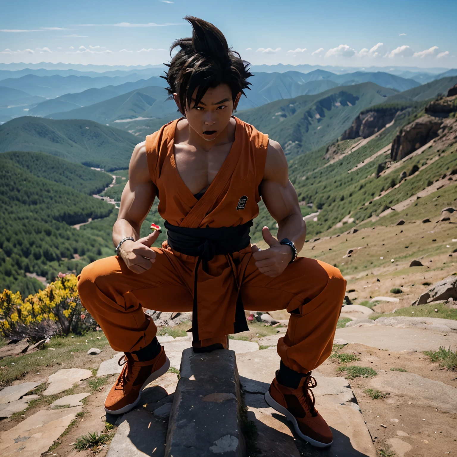 Goku on a mountain with a ring on his finger